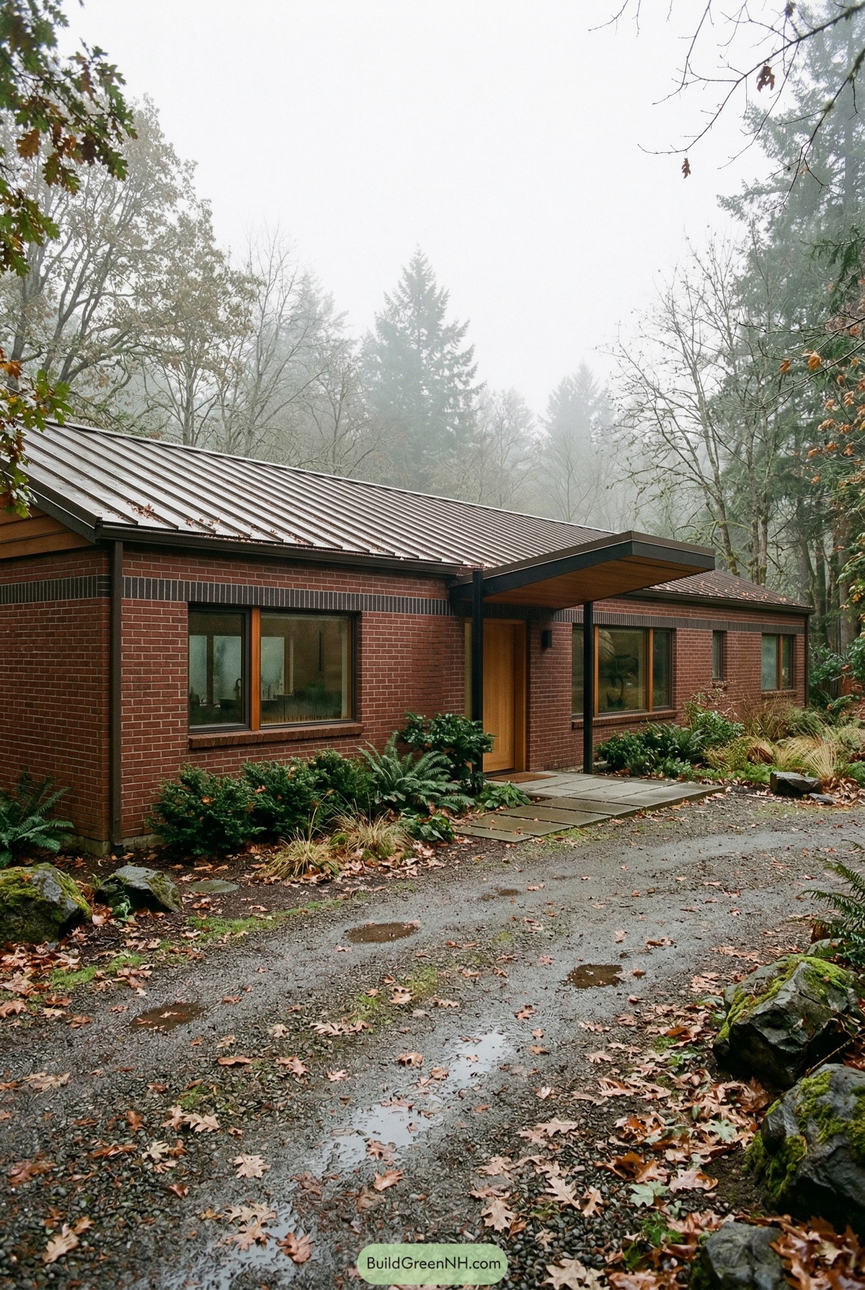 Modern red brick ranch with metal roof in foggy woods