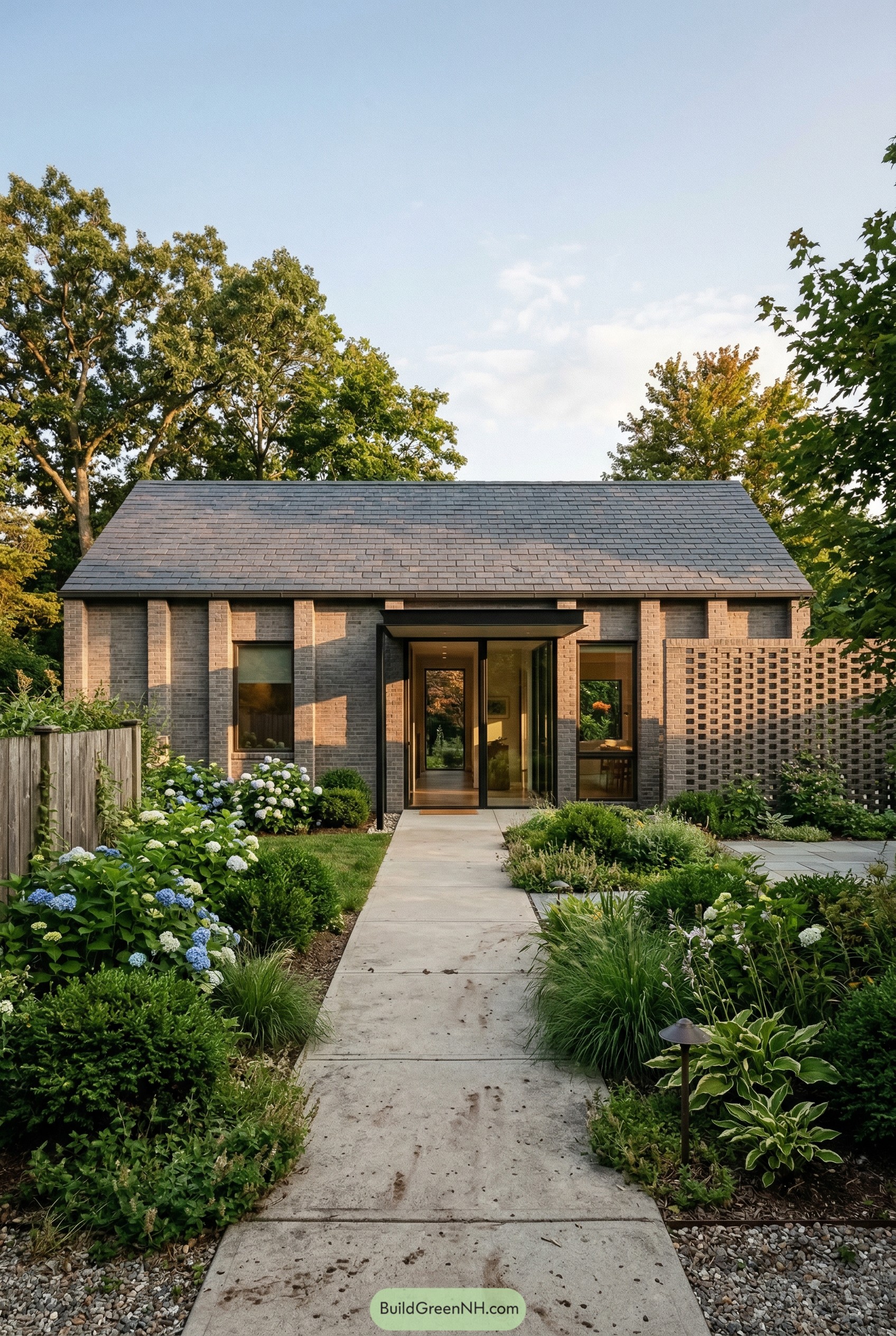 Modern gray brick house with breezeblock wall and garden path