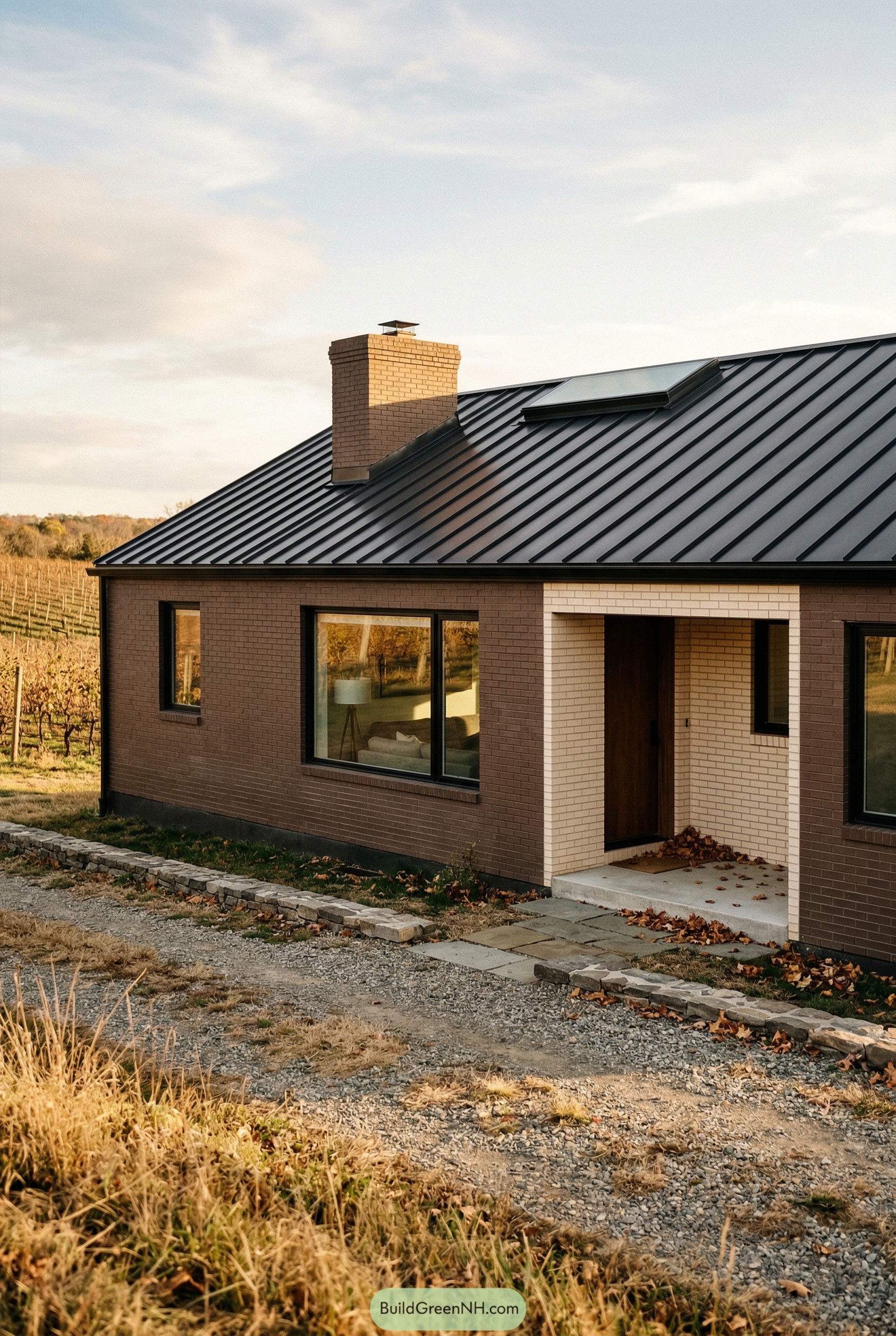 Brown brick ranch with black metal roof and recessed porch