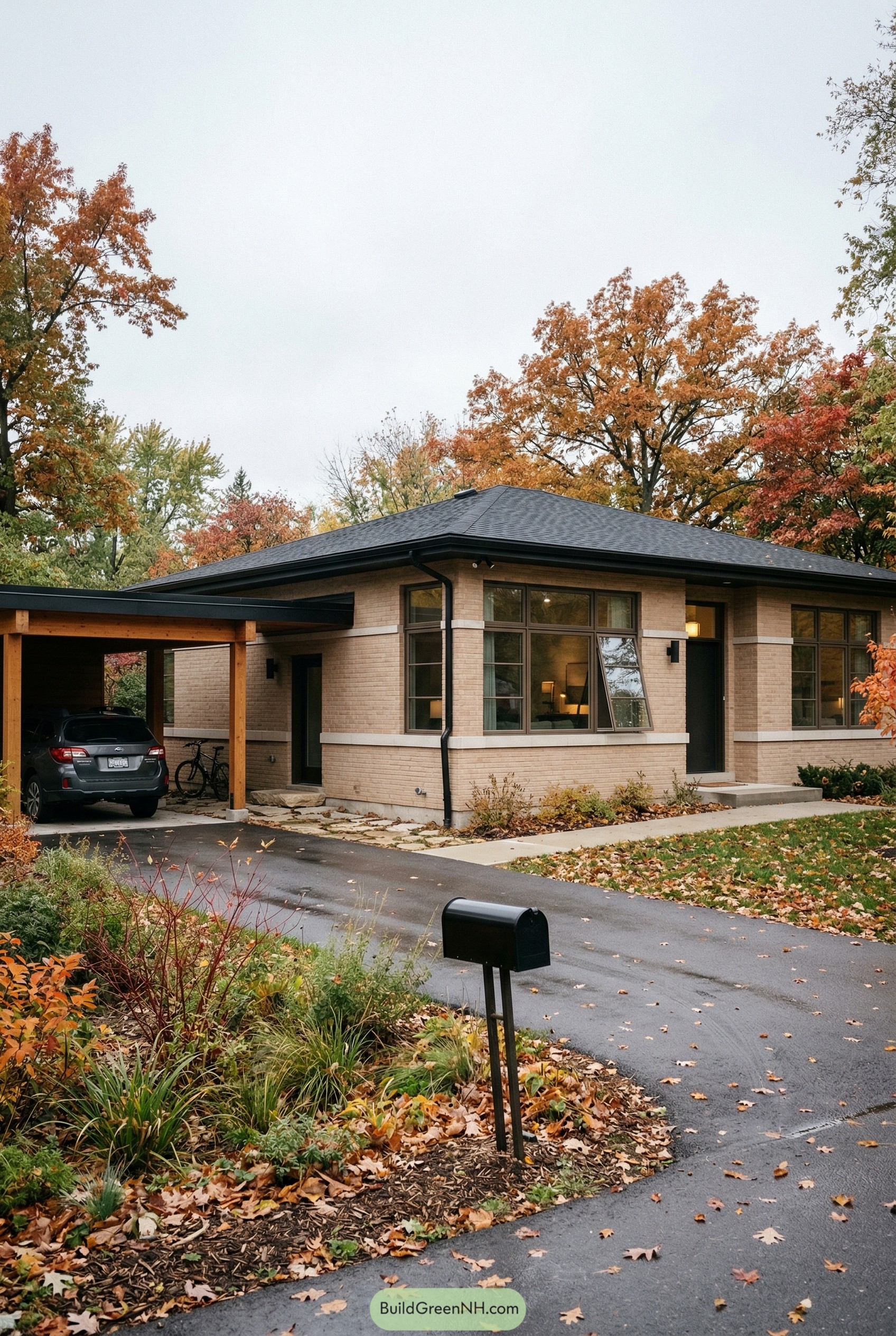 Tan brick ranch with wood carport