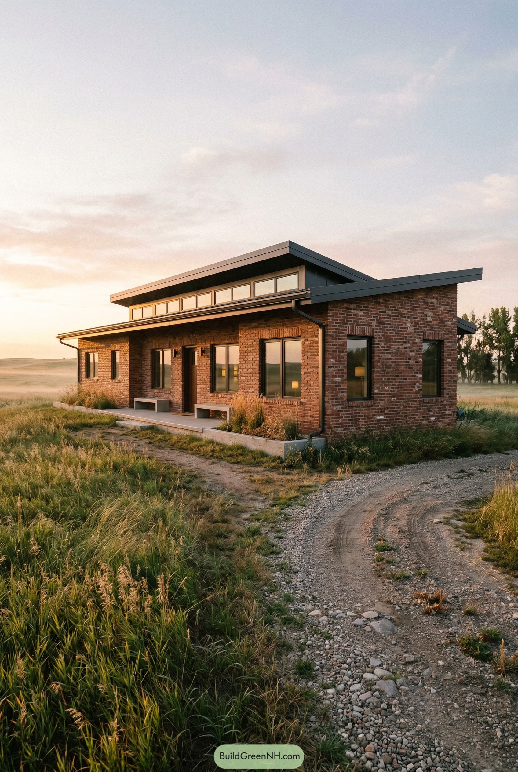Red brick ranch with clerestory roof in open grassland