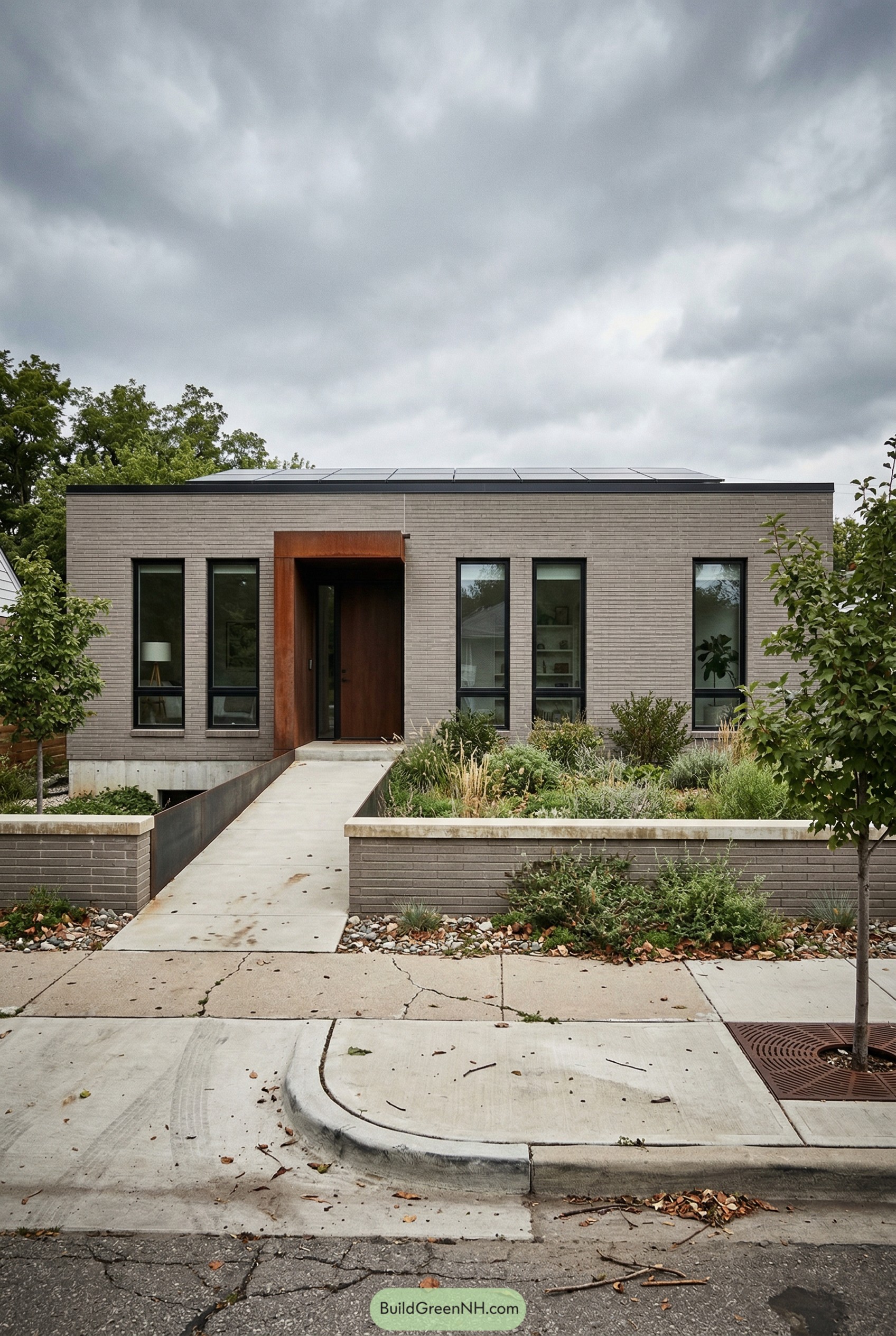 Modern gray brick ranch with steel framed entry