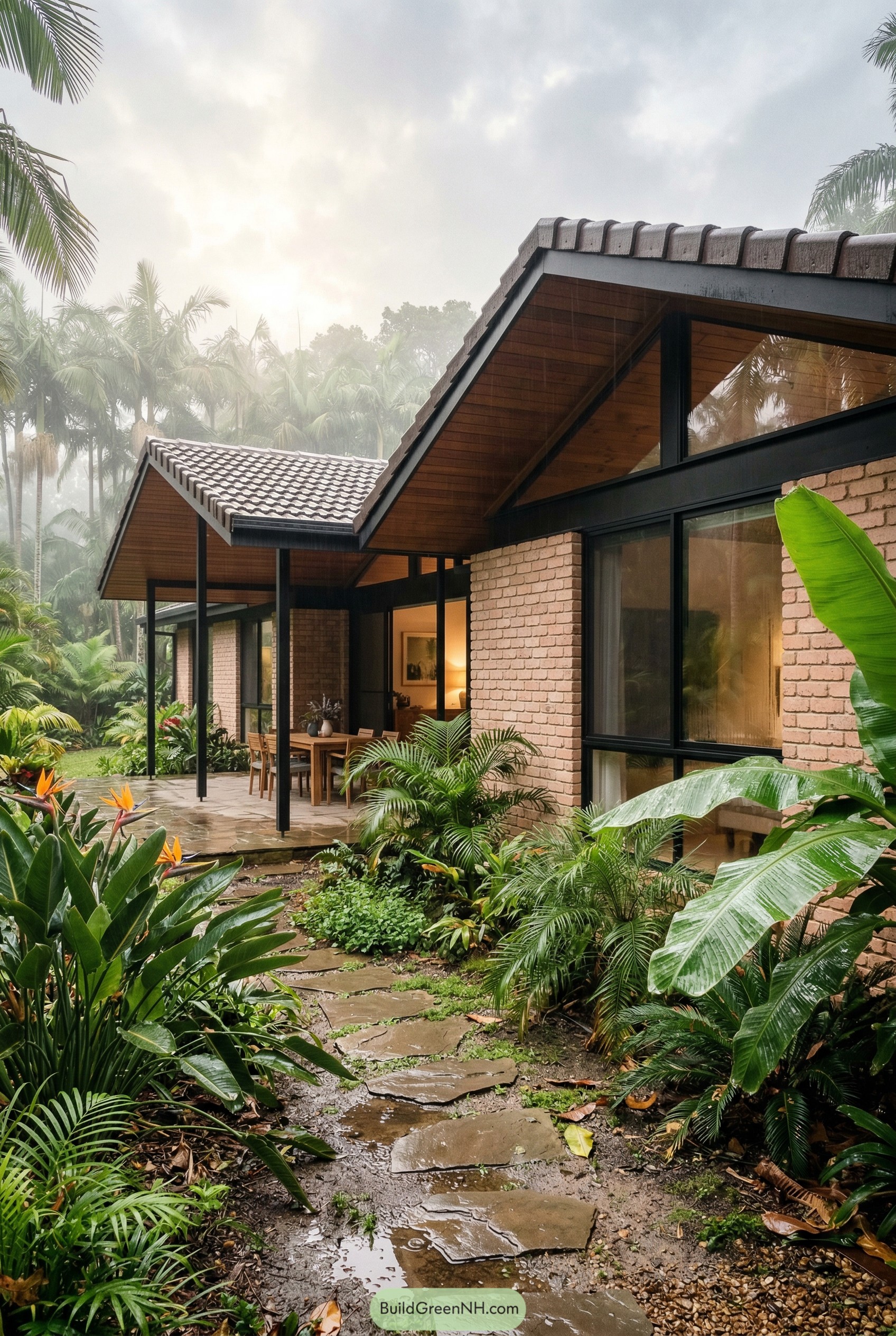 Modern pale brick ranch with gabled roof in tropical garden