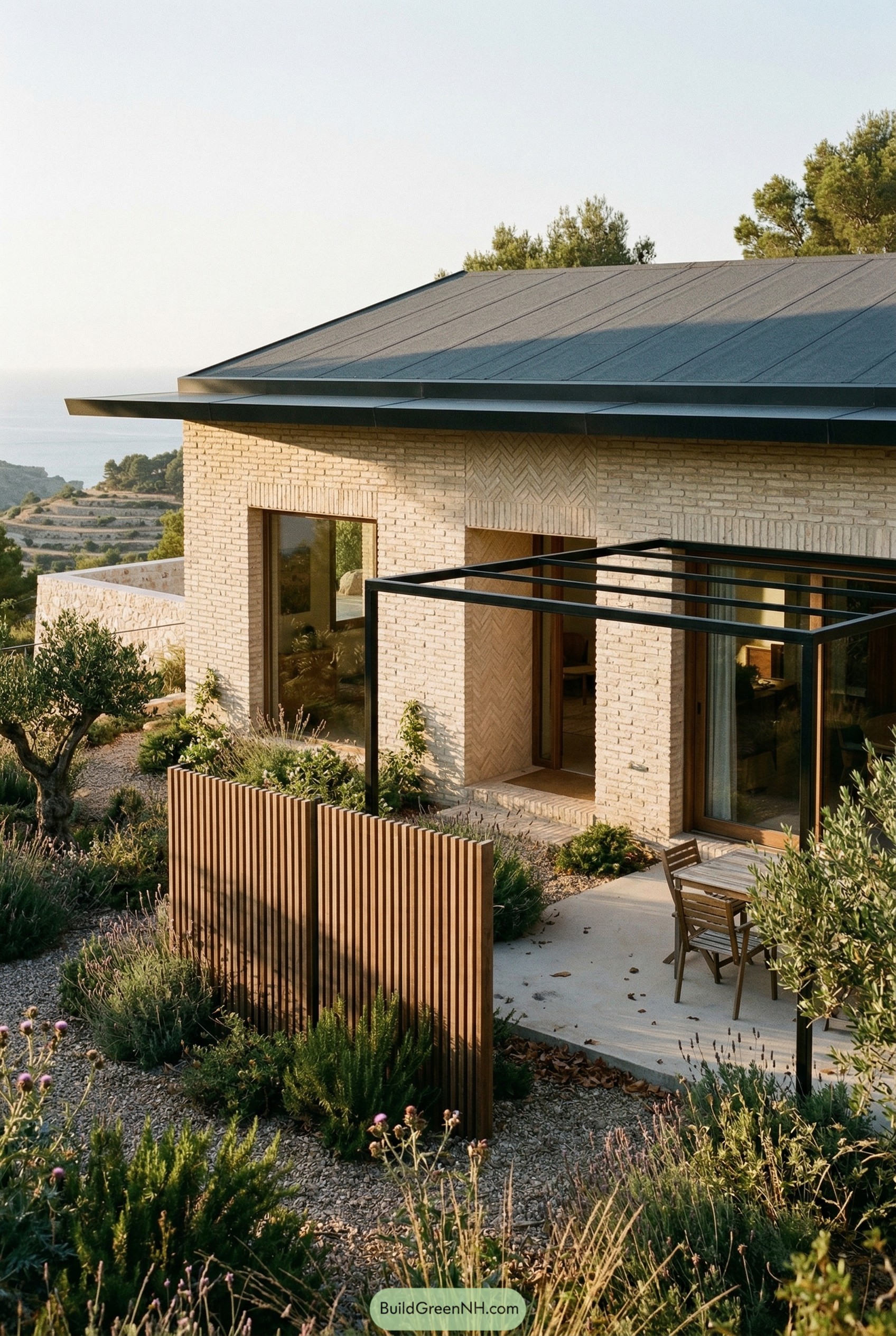 Modern pale brick ranch with black roof and pergola patio