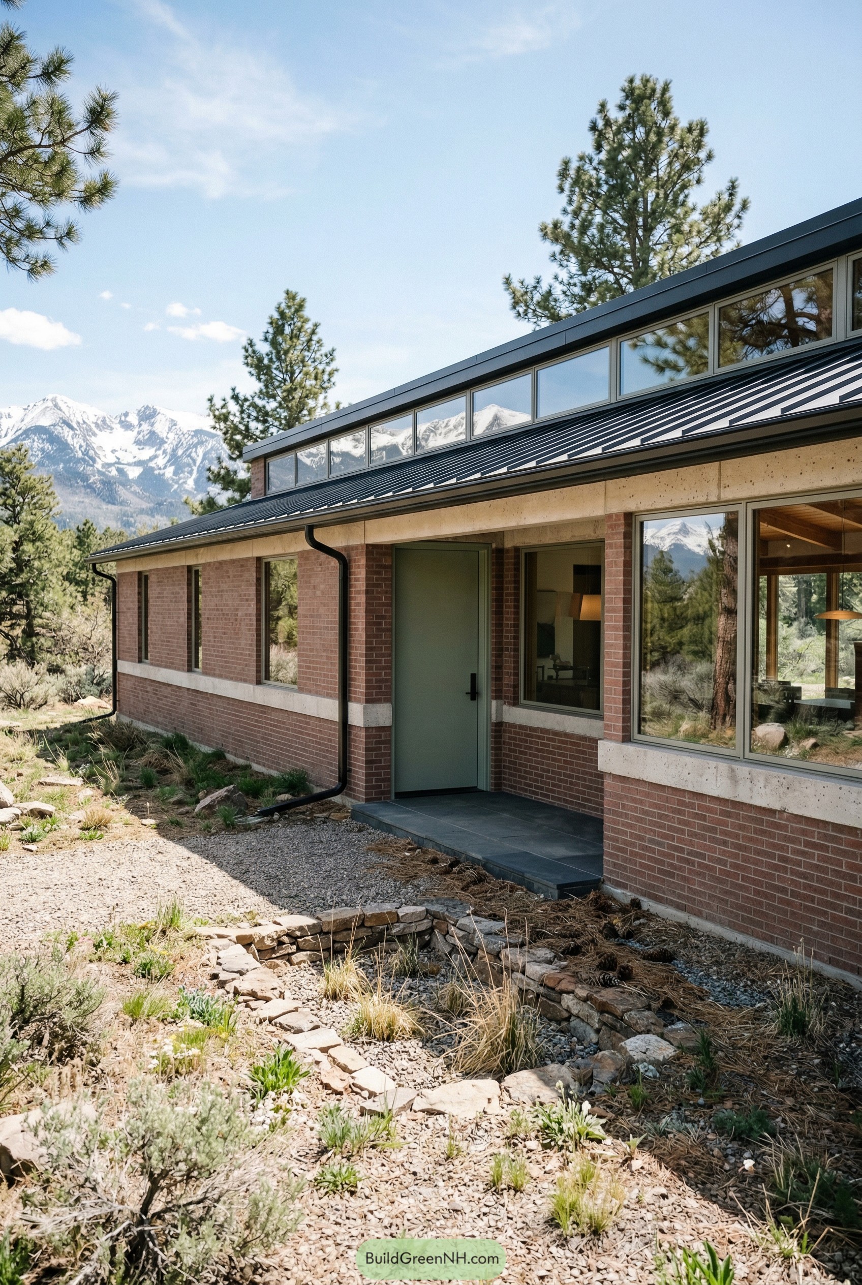 Modern brick ranch with monitor roof and mountain views