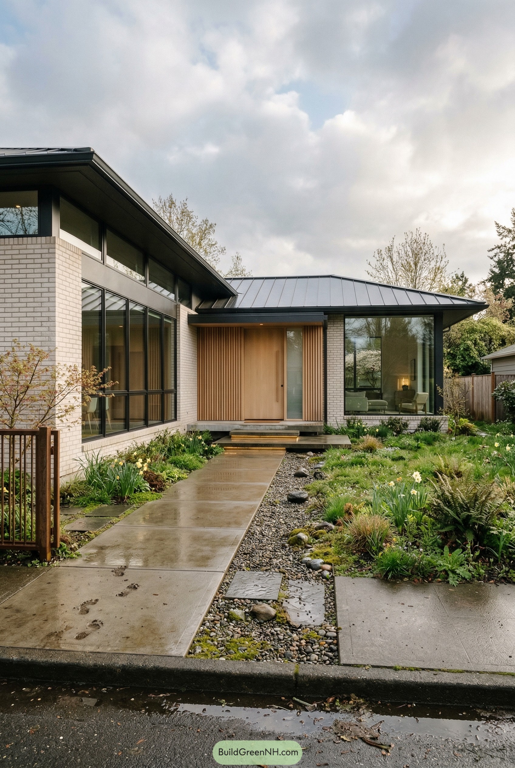 Modern white brick ranch with black roof and wood entry