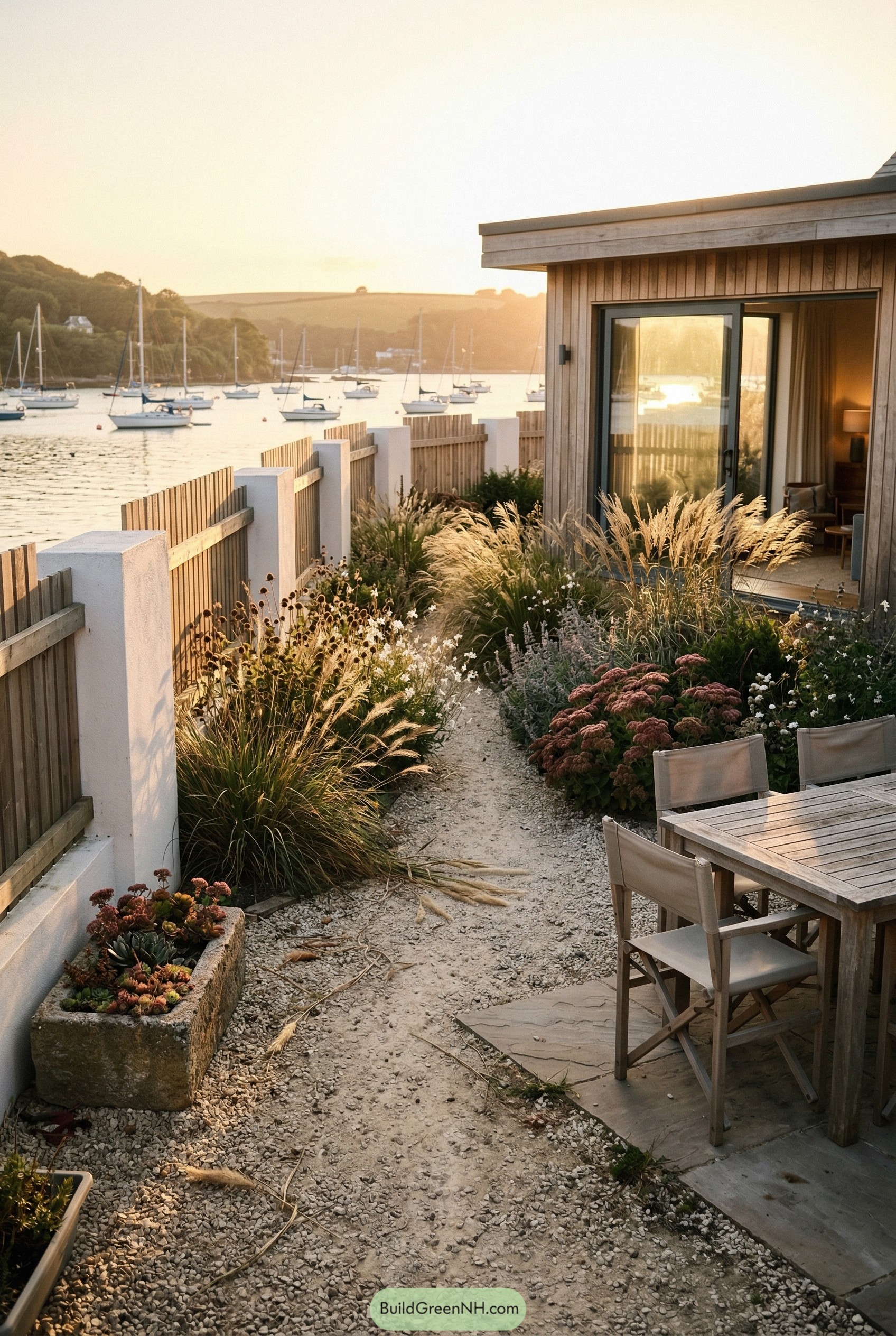Vertical timber fence with white render posts beside a seaside cottage
