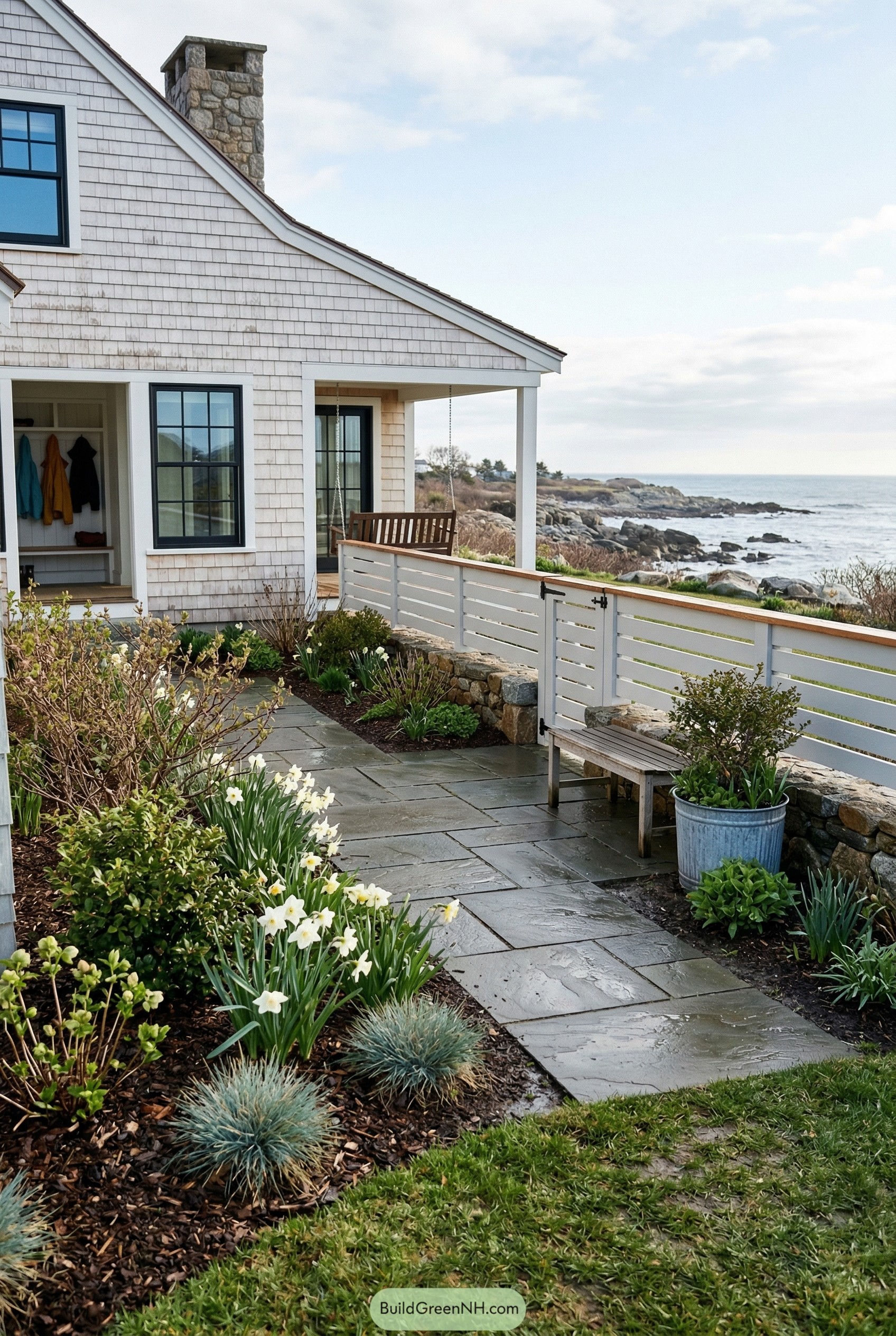 White horizontal coastal fence with wood cap