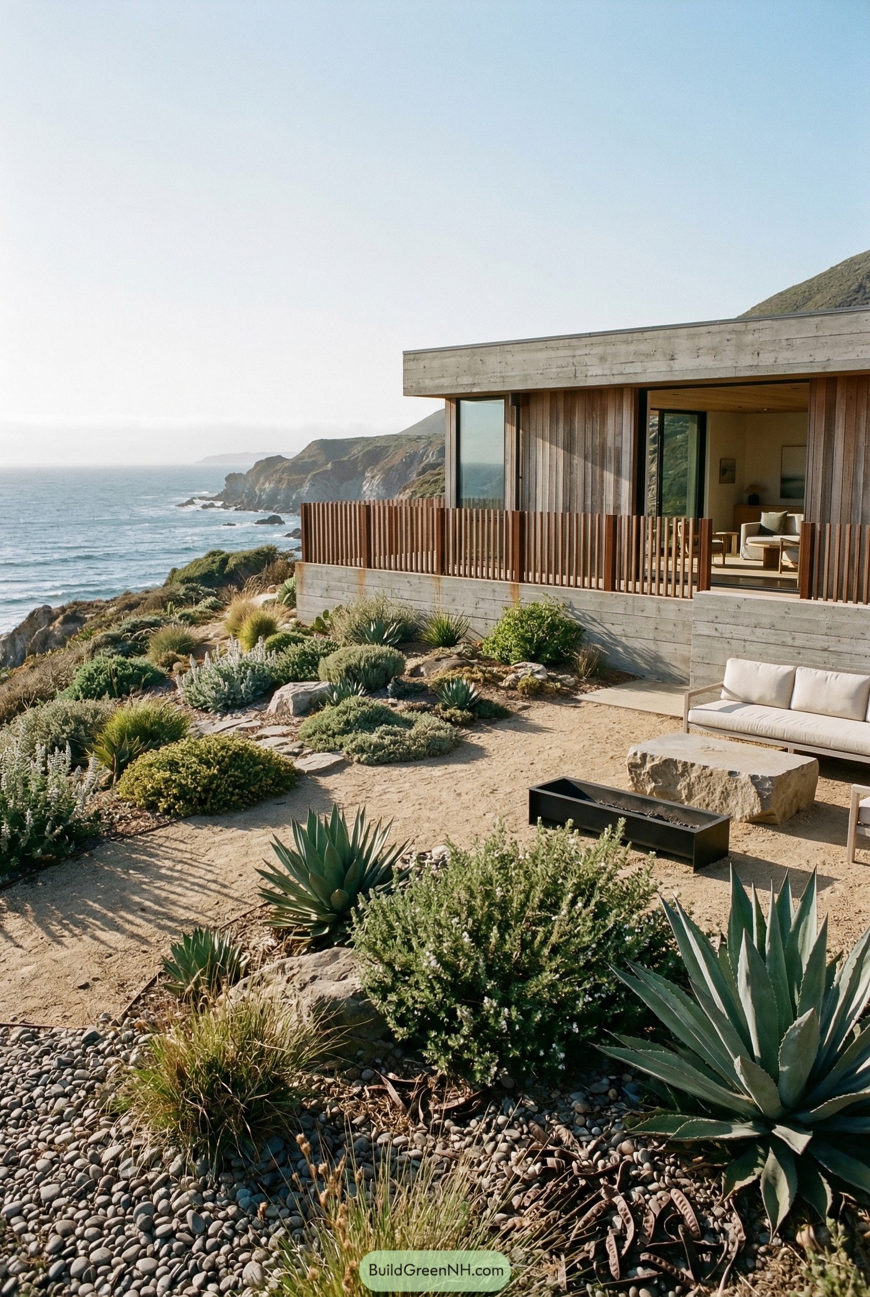Vertical wood slat fence on a coastal deck