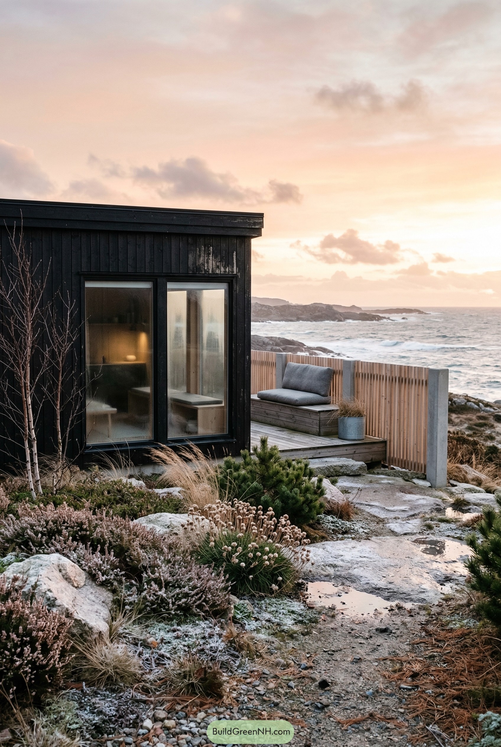 Pale wood slat fence with concrete posts by the sea