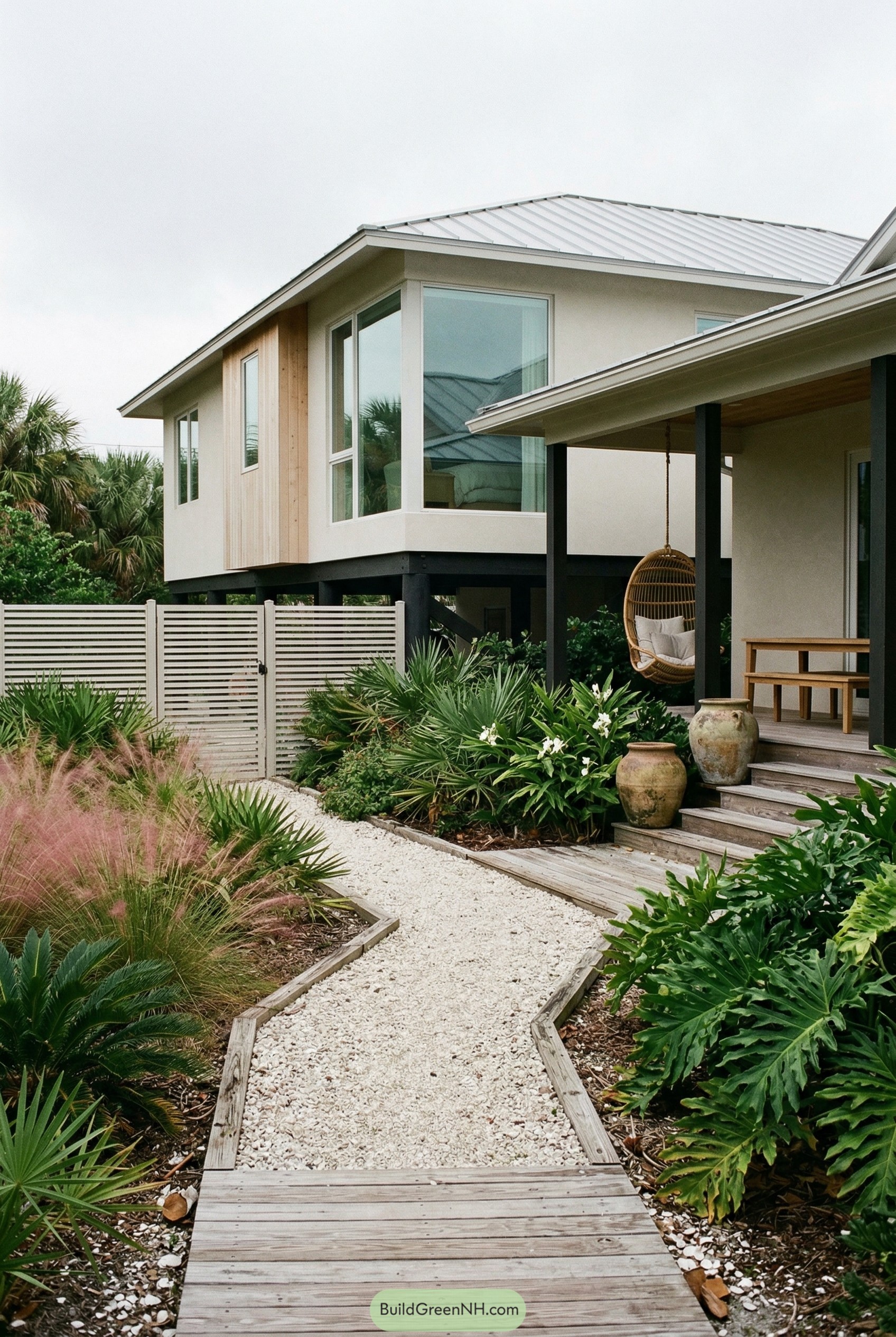 White horizontal slat fence with matching gate beside a tropical coastal home