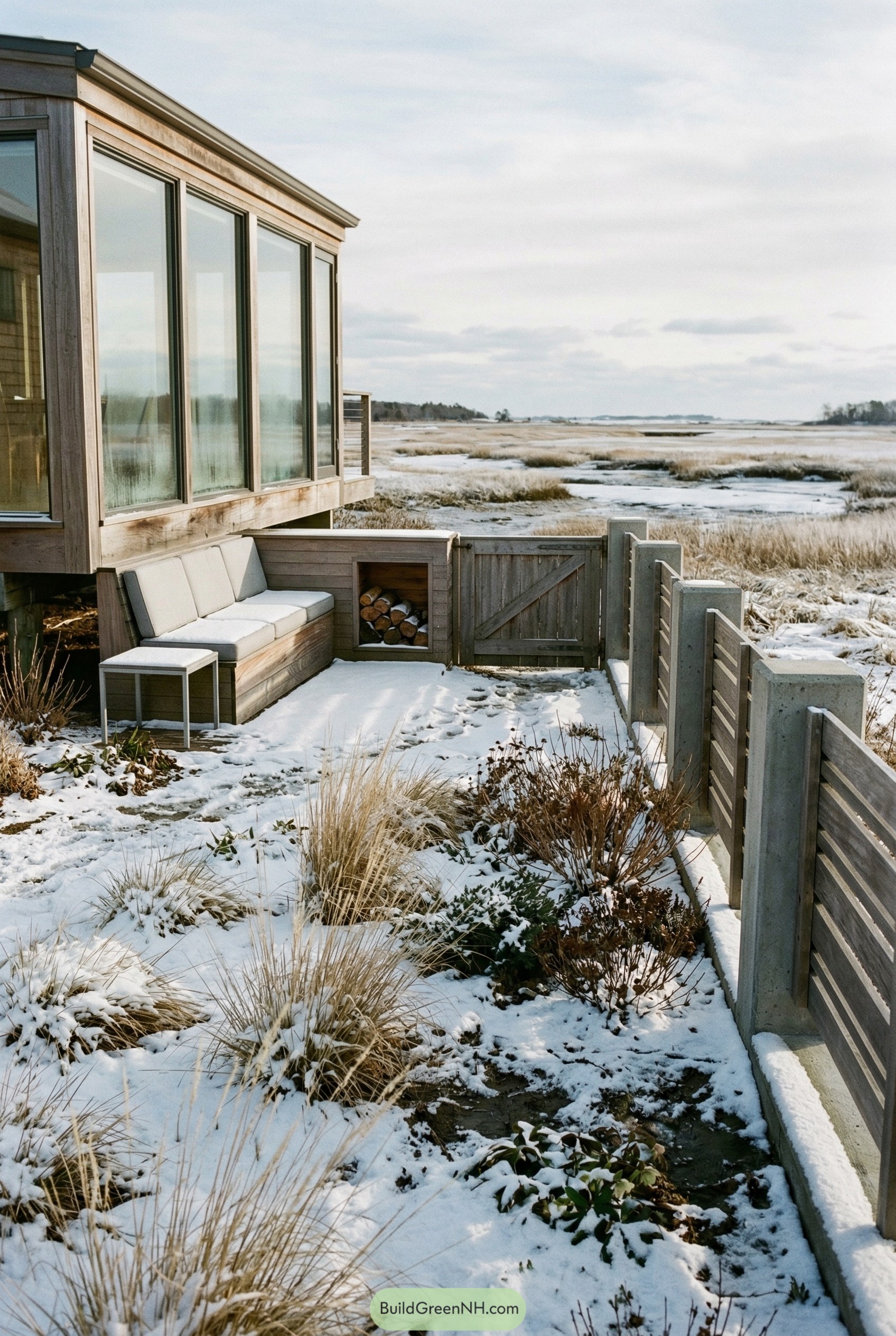 Modern horizontal slat fence with concrete posts by a snowy marsh
