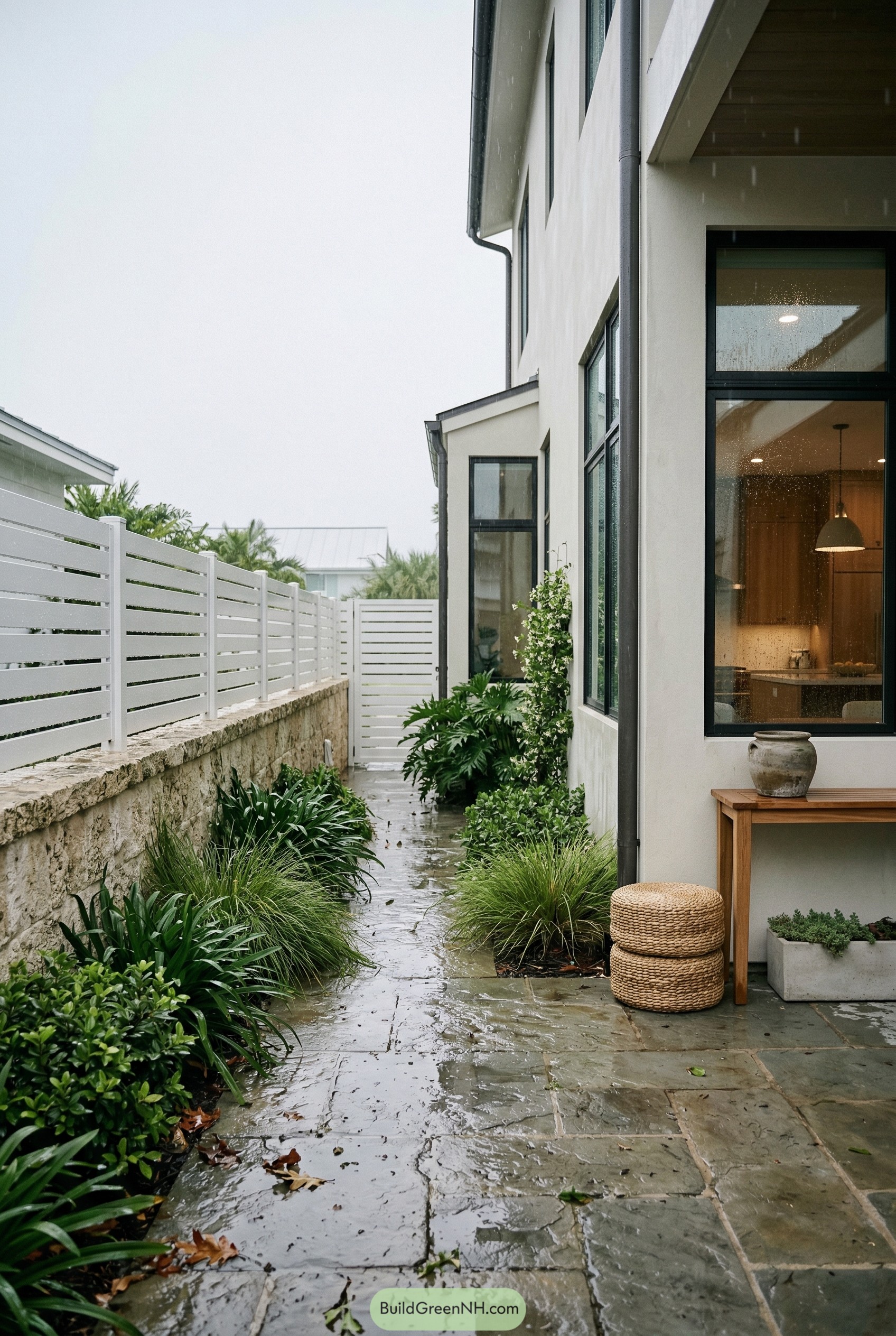 White horizontal slat fence above a stone wall