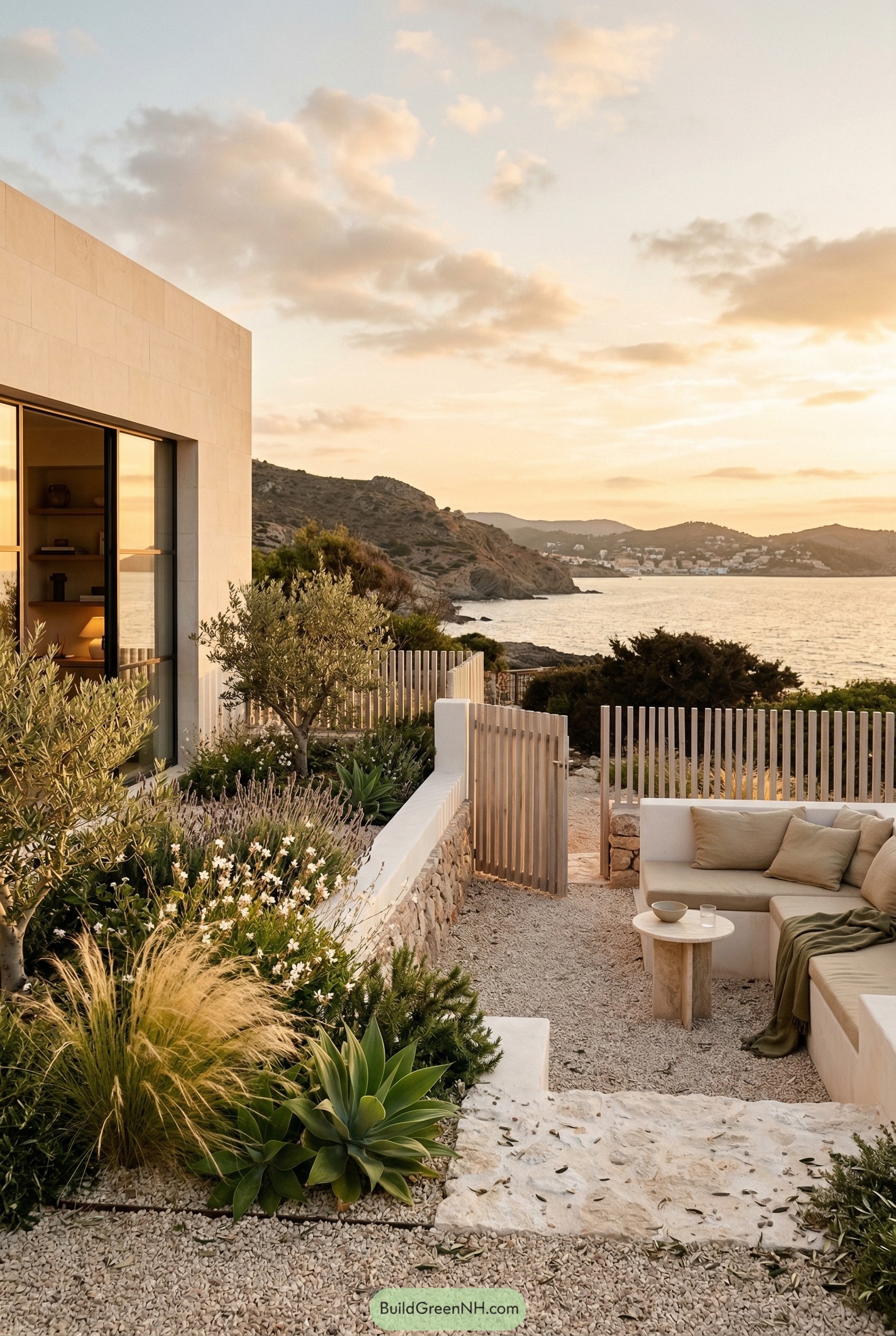 Slim vertical slat fence by seaside patio