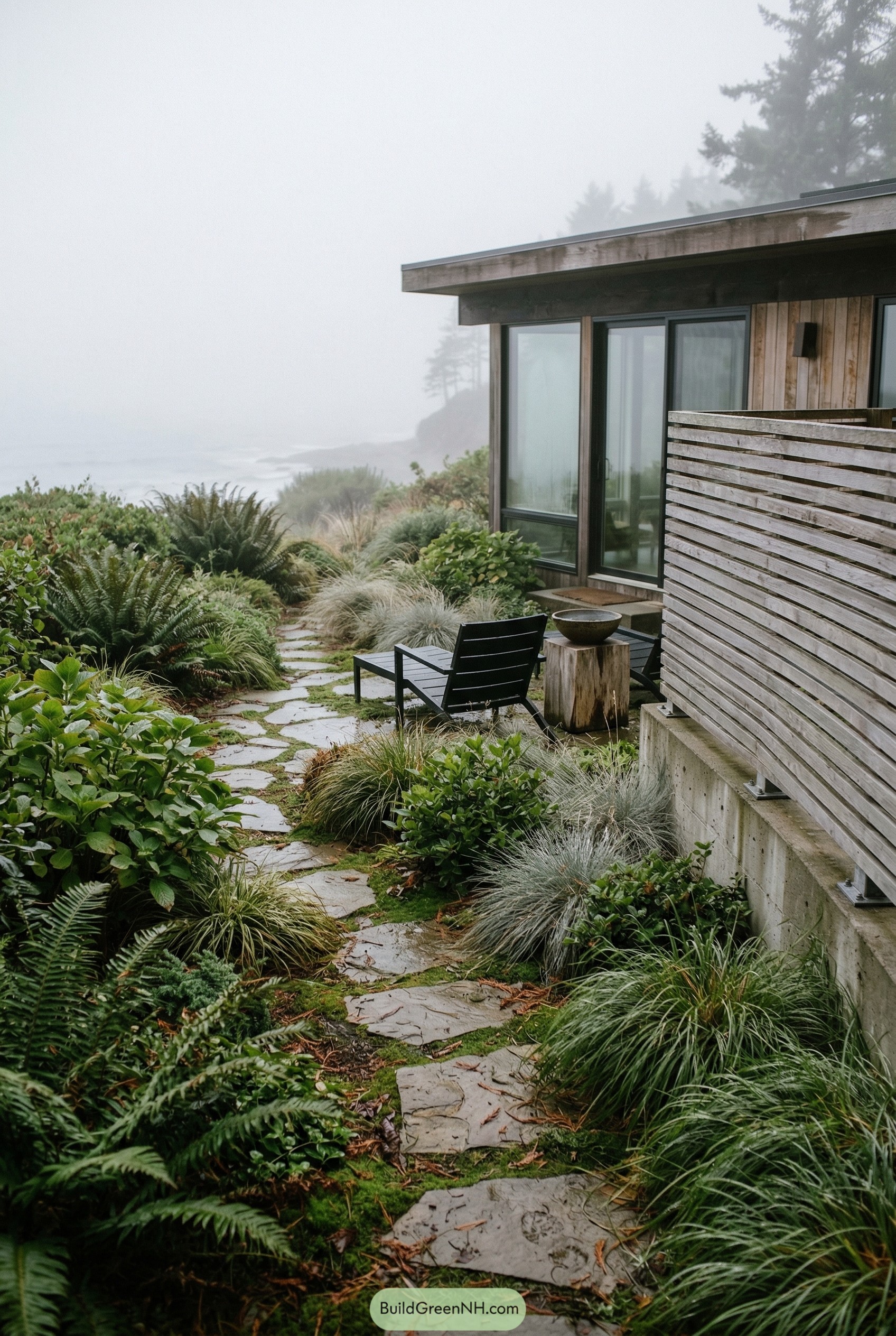 Weathered horizontal slat privacy wall beside a coastal patio