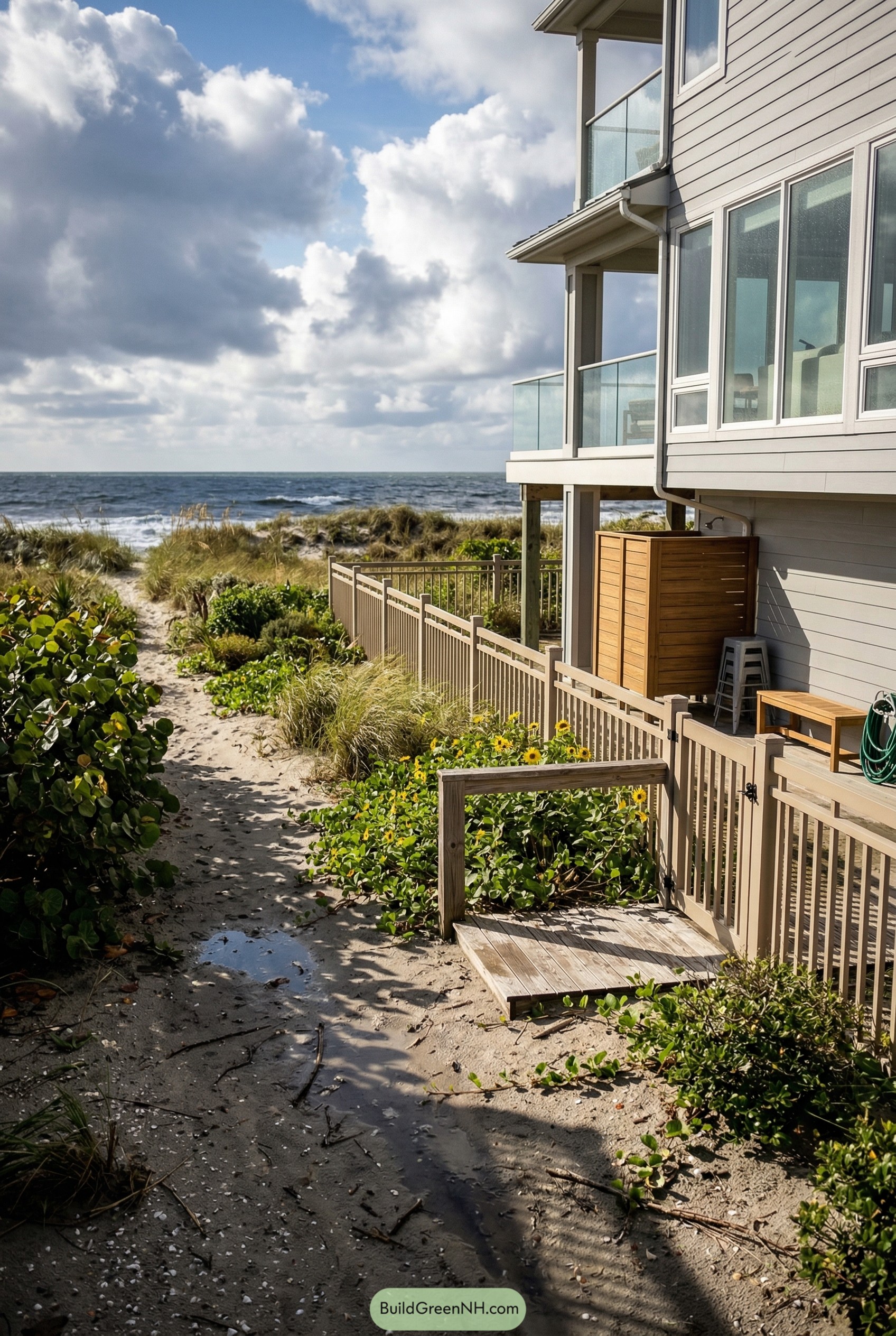 Low tan fence along a beach house path