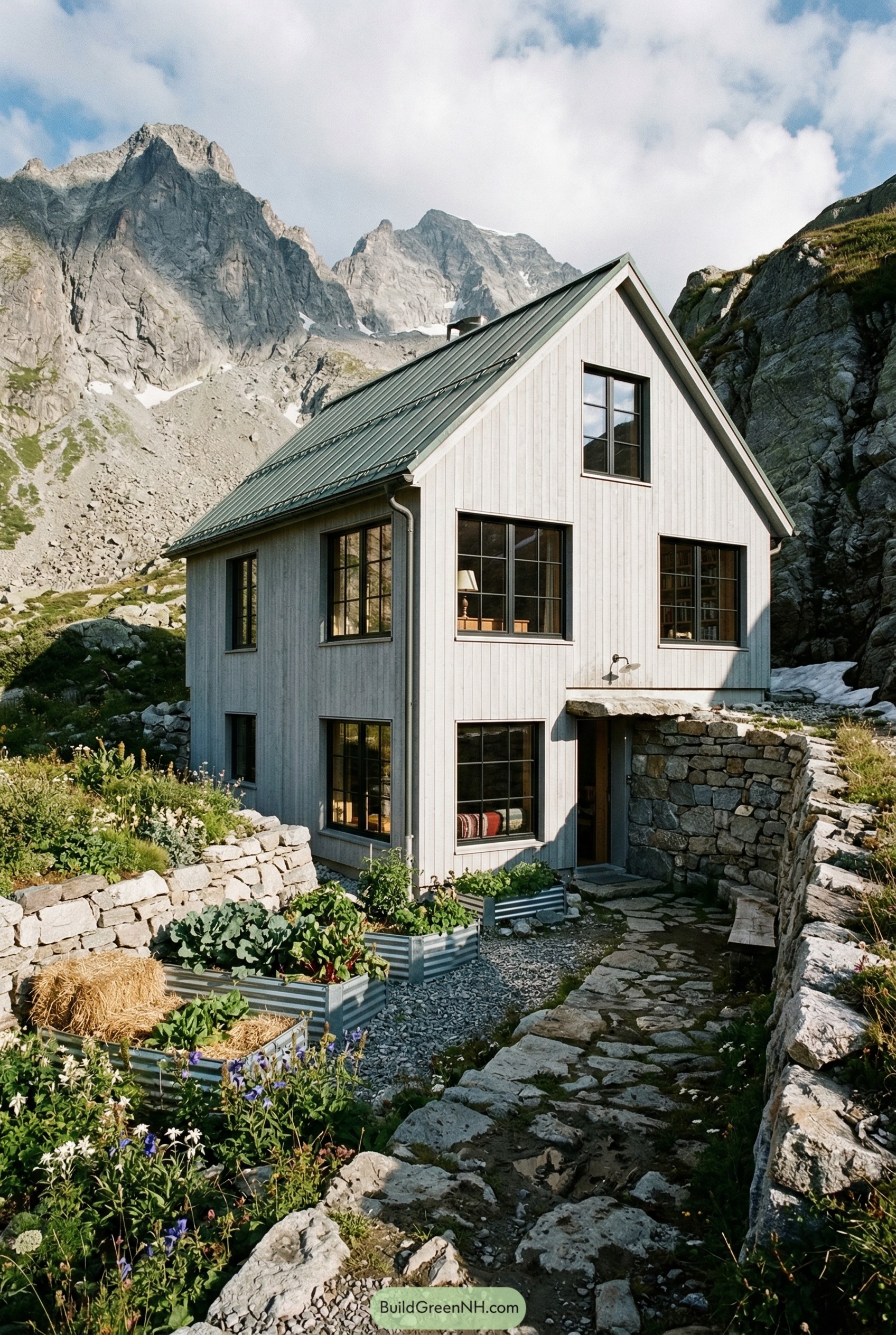 White alpine cottage with raised metal beds