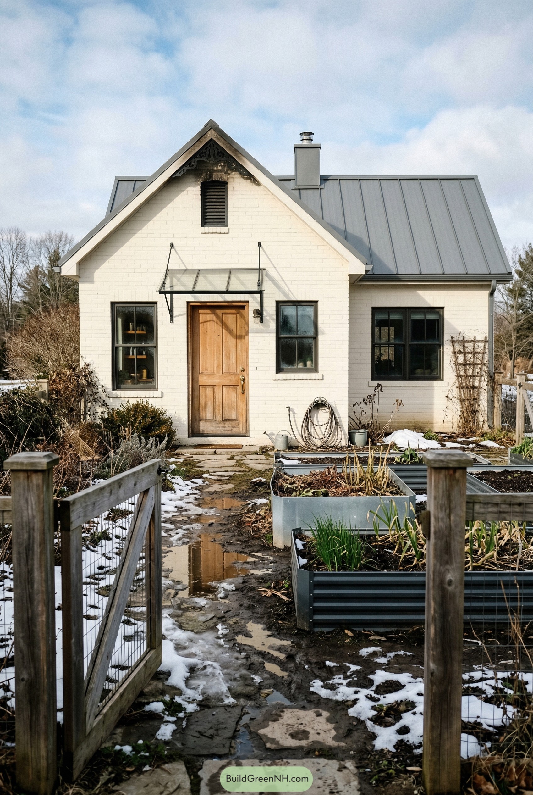 White brick cottage with raised metal garden beds