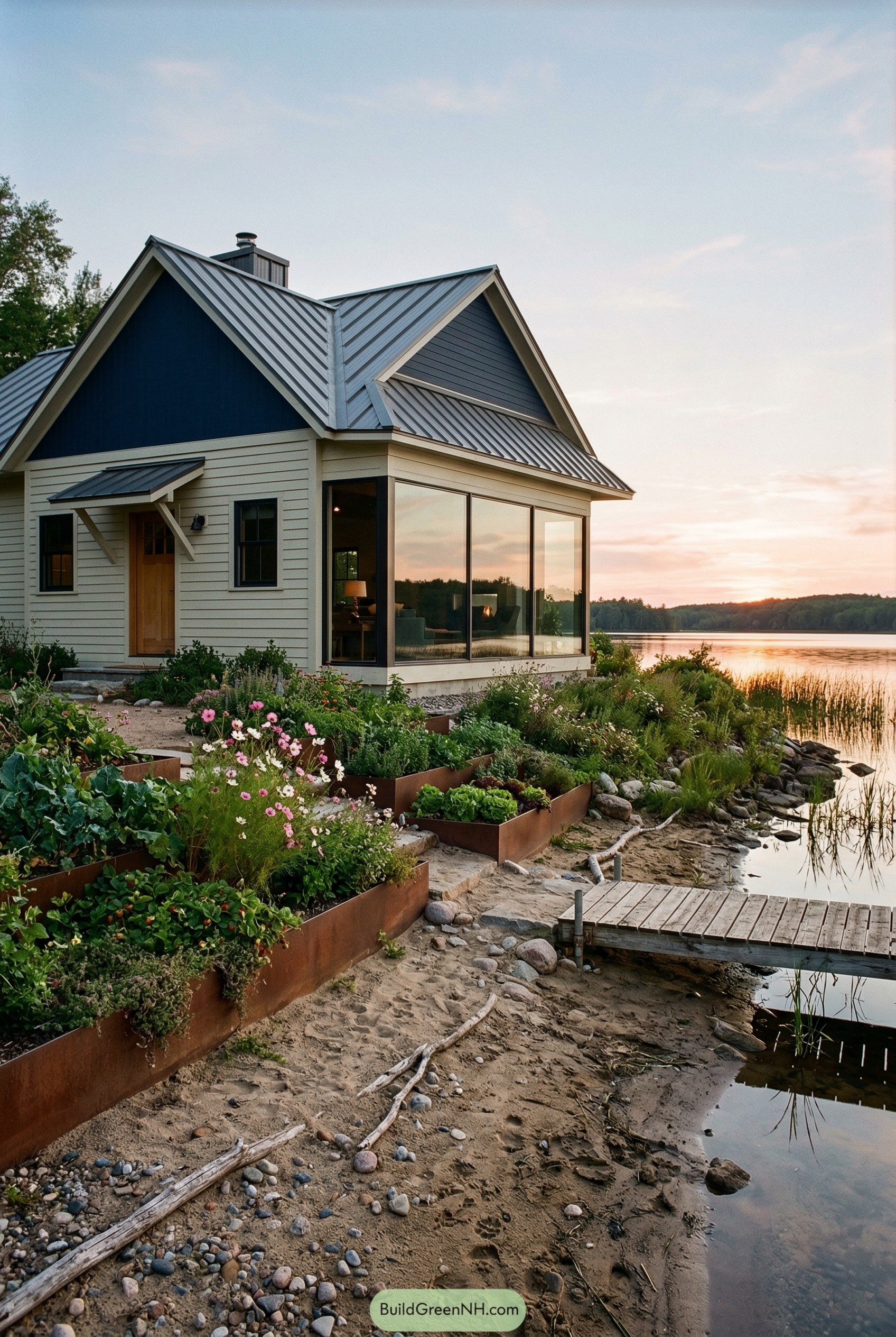 Modern lakeside cottage with raised metal beds and dock