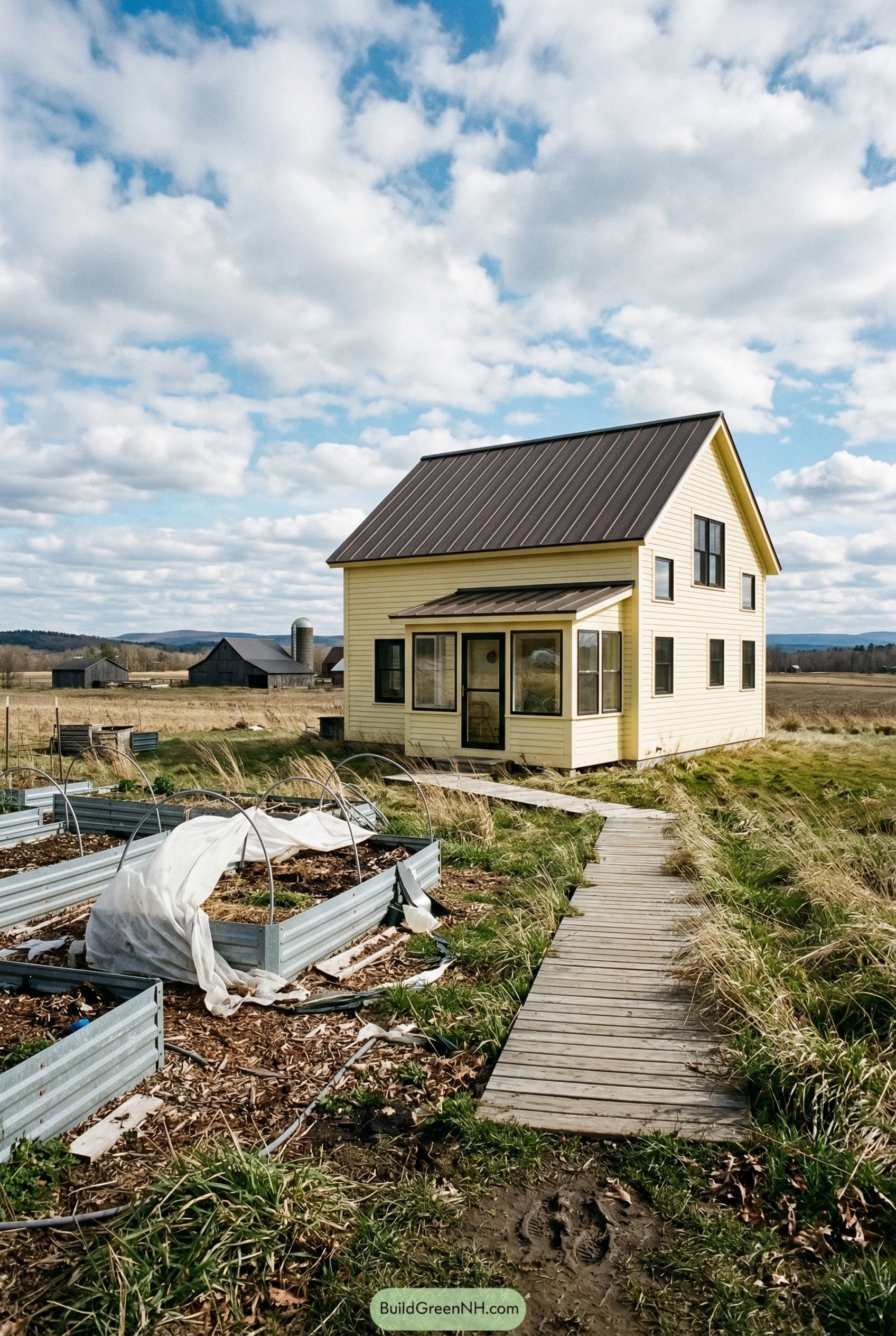 Yellow cottage with raised metal garden beds