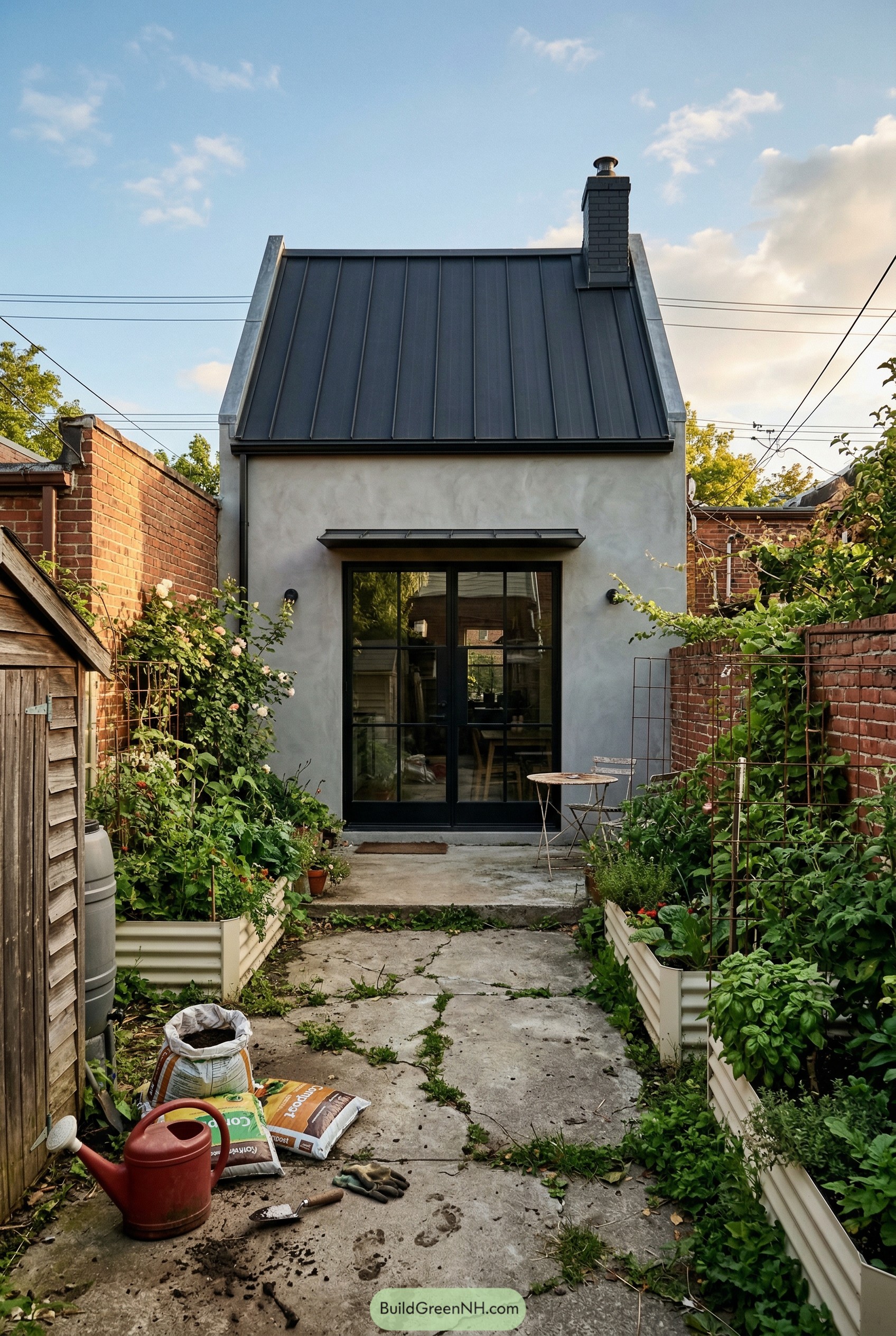 Small plaster cottage with raised metal garden beds