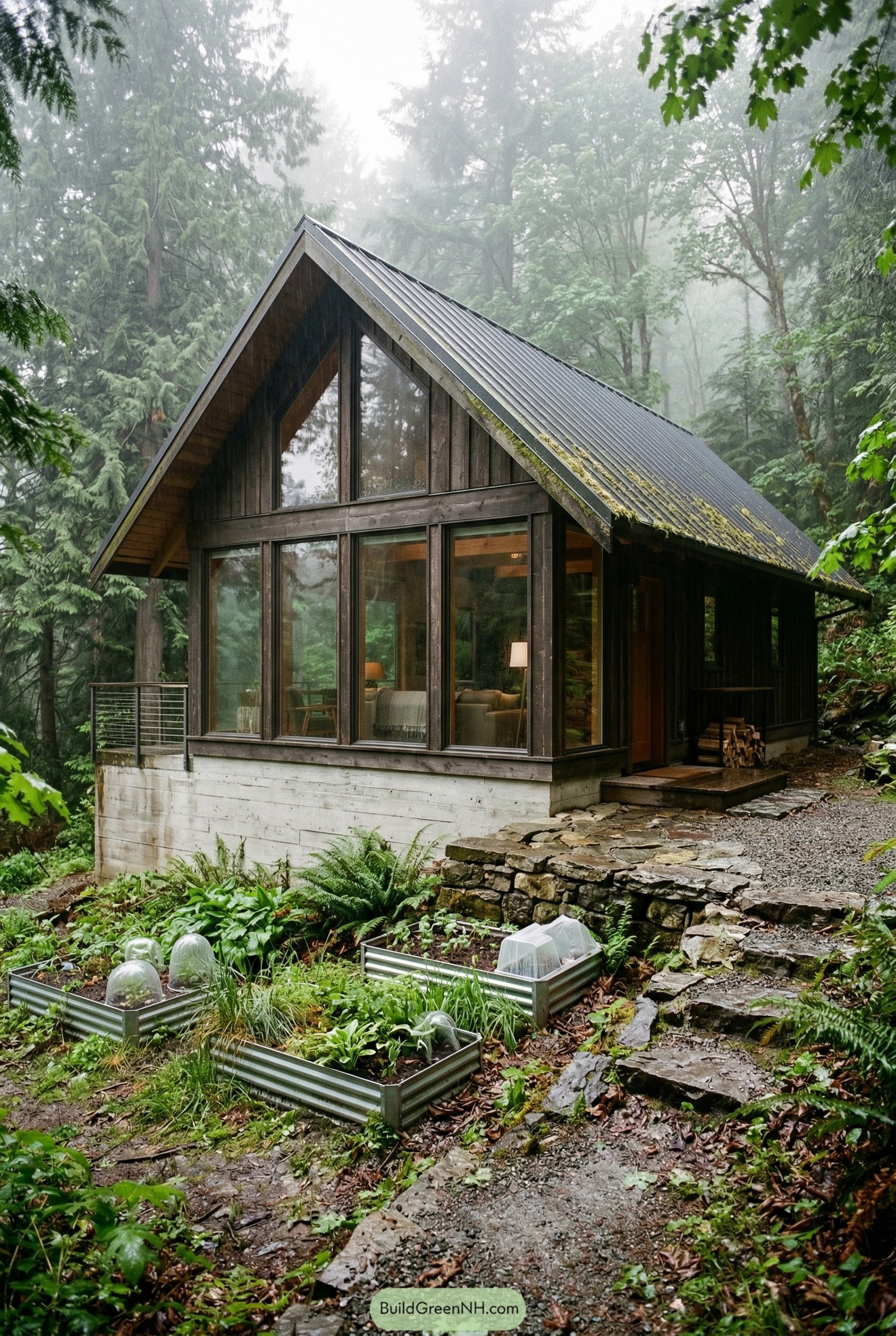 Dark timber gabled cottage with raised metal garden beds in a misty forest