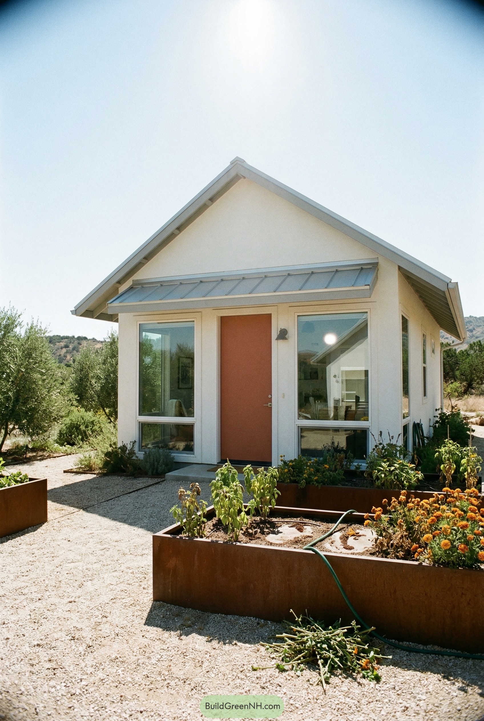 Small white gabled cottage with raised metal garden beds