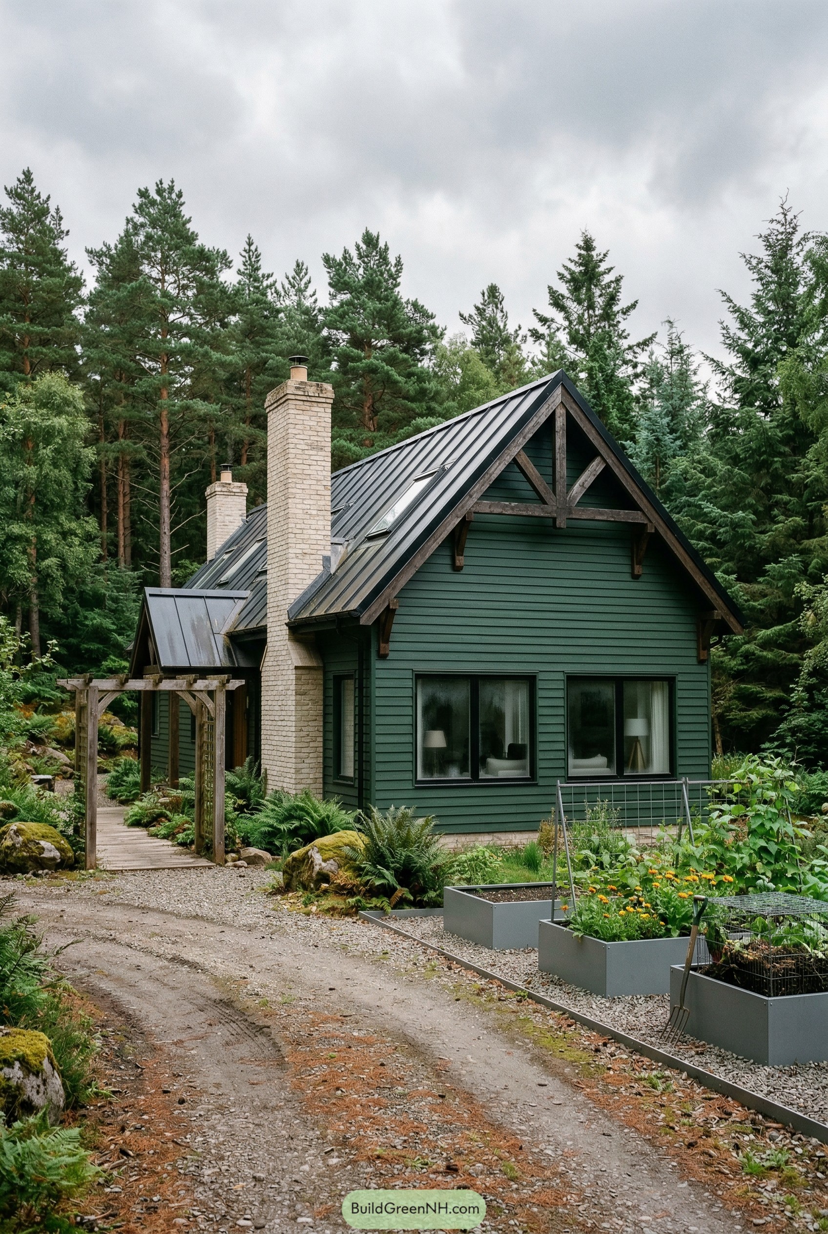 Dark green cottage with raised metal beds