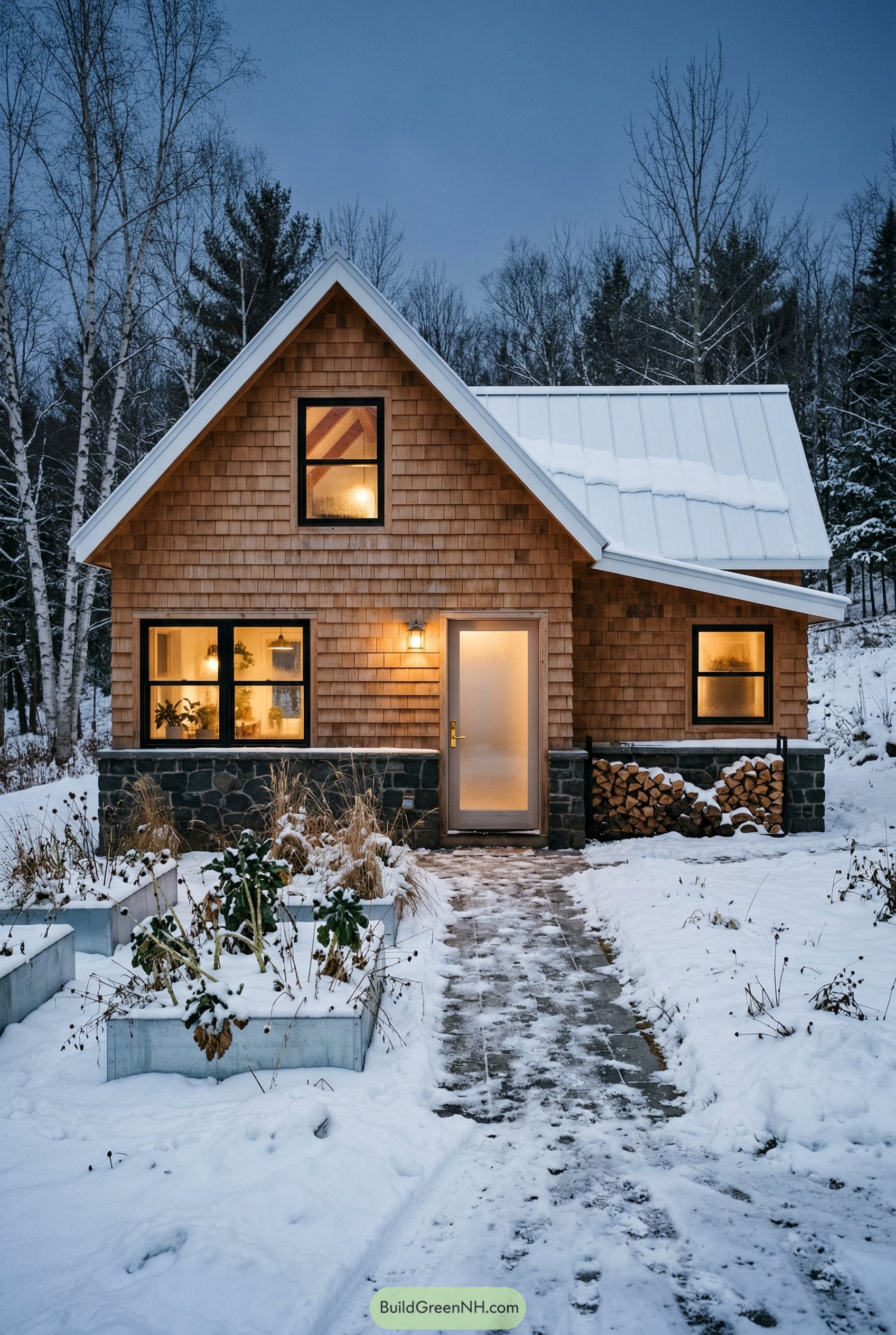 Small cedar shingle cottage with raised metal beds in snow