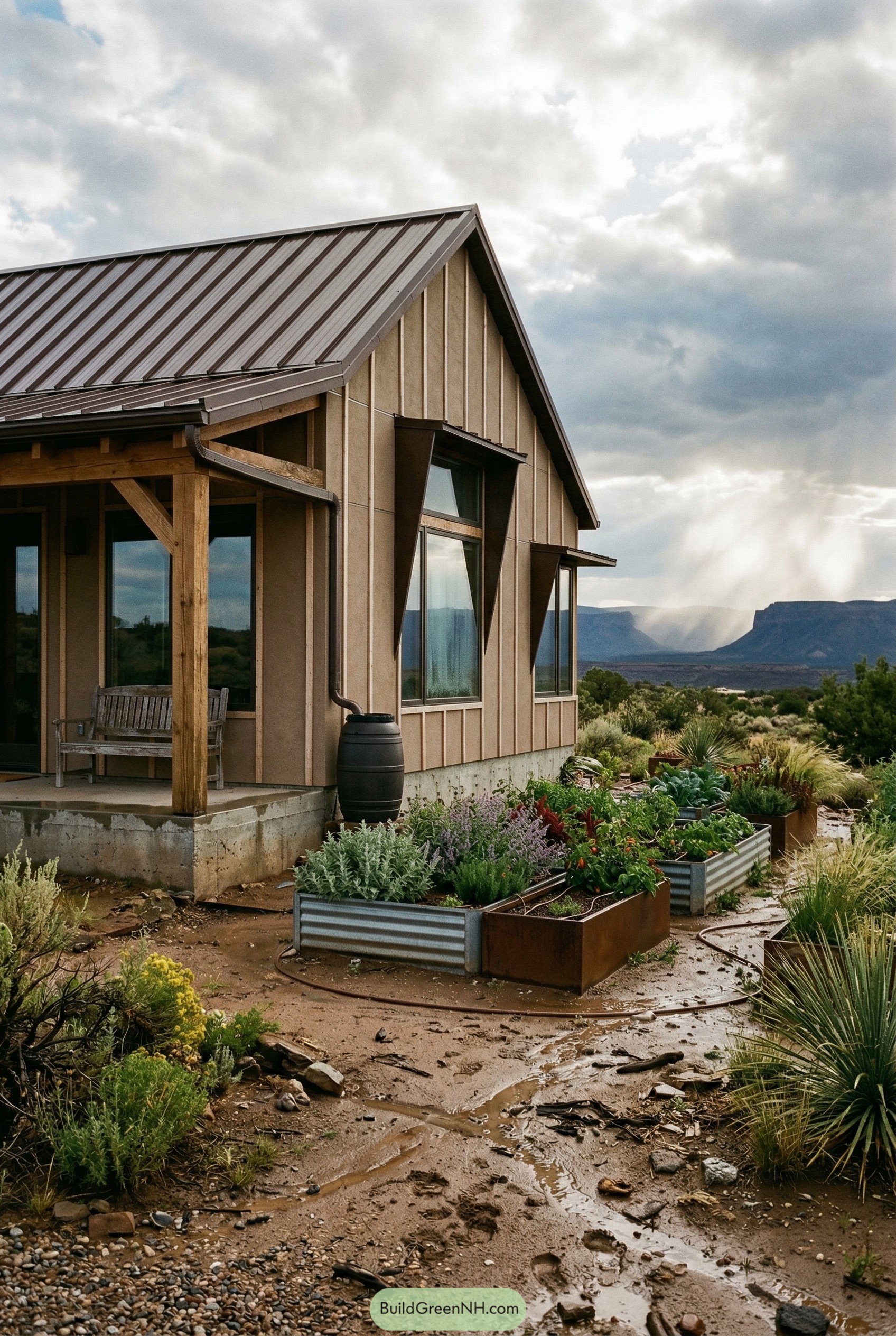 Modern desert cottage with raised metal garden beds