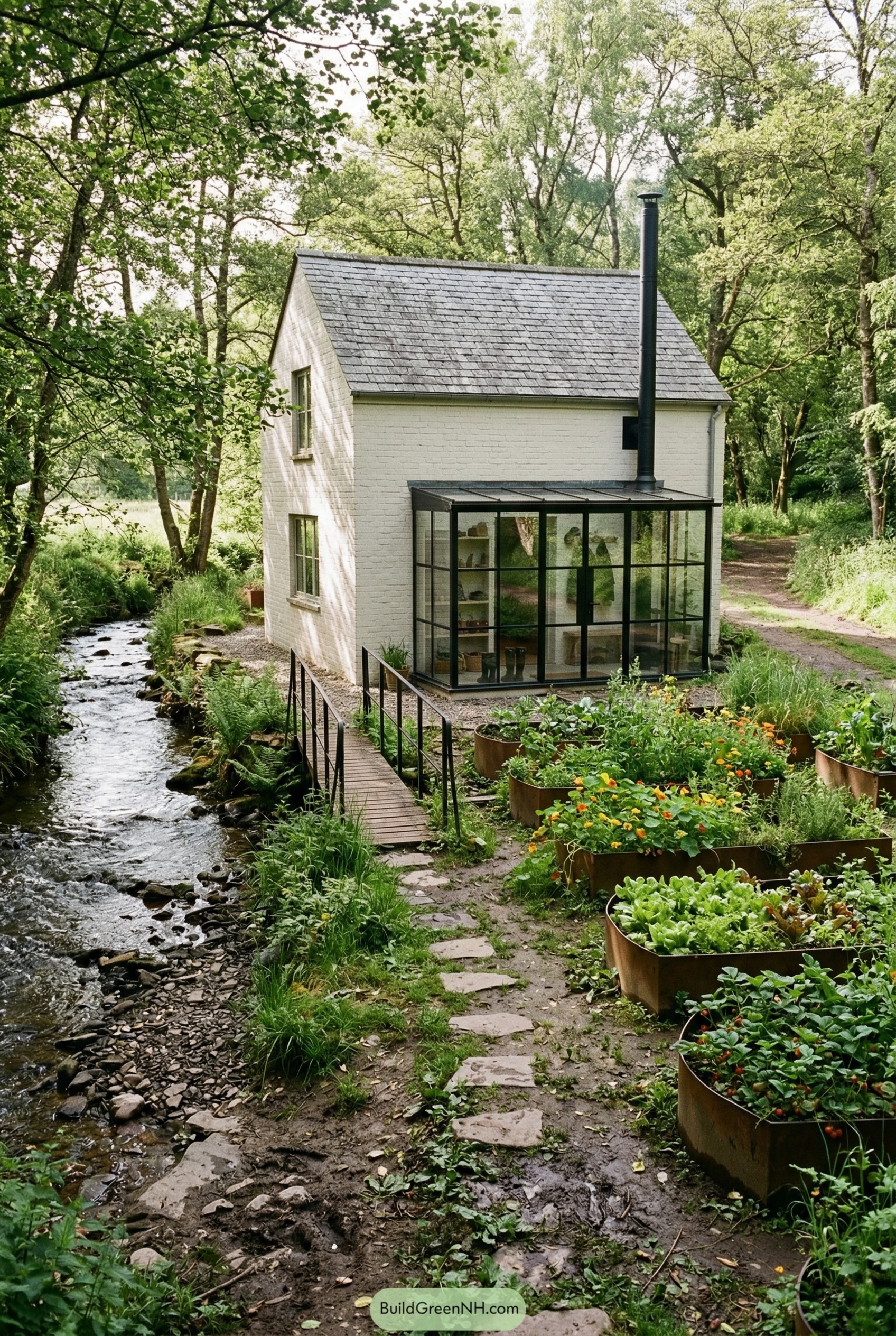 White cottage by a stream with raised metal garden beds