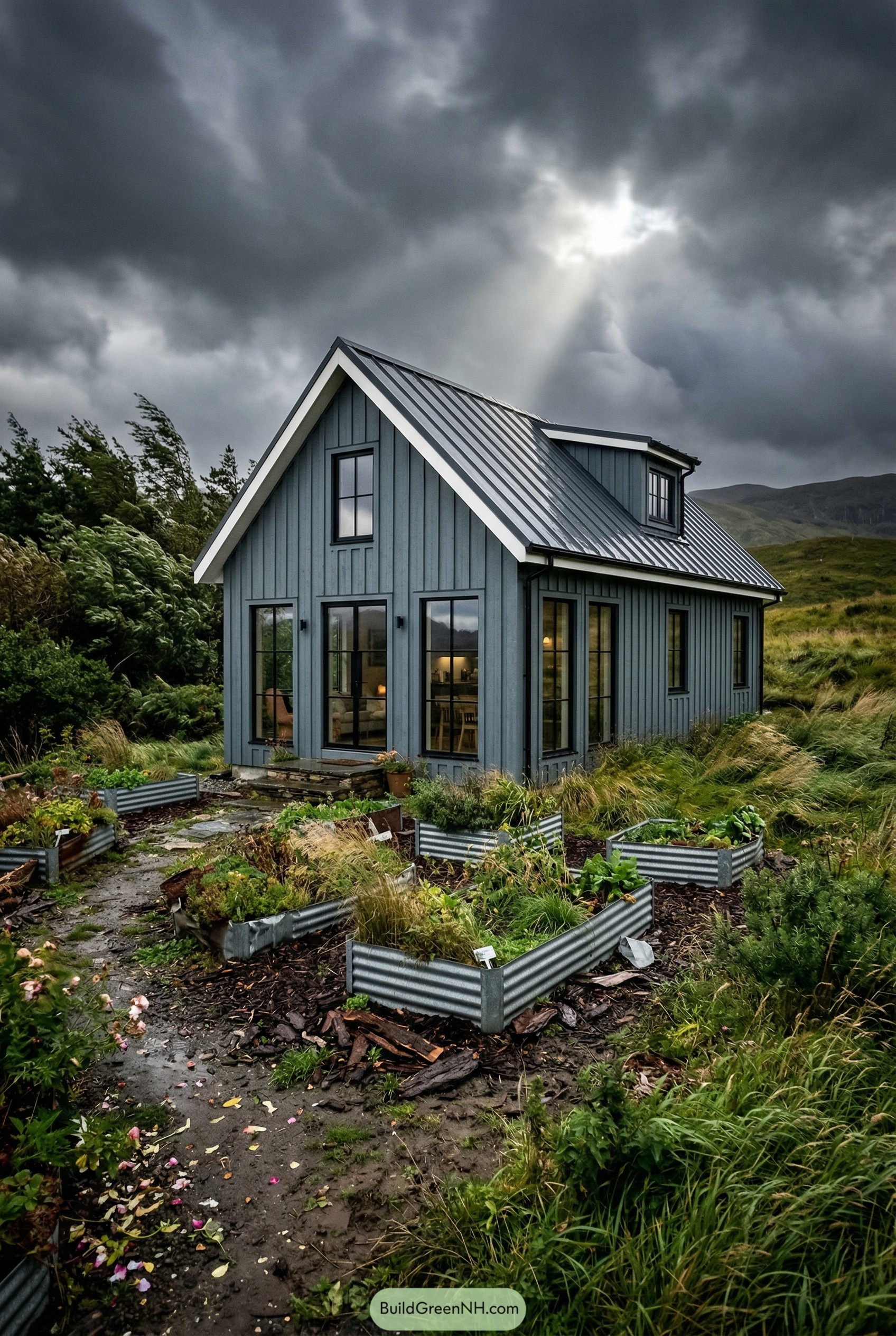 Blue gray modern cottage with raised metal beds