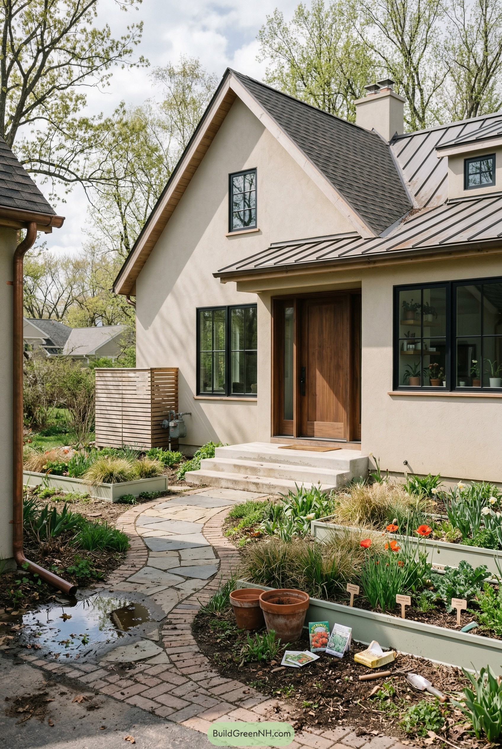 Cream stucco cottage with raised garden beds