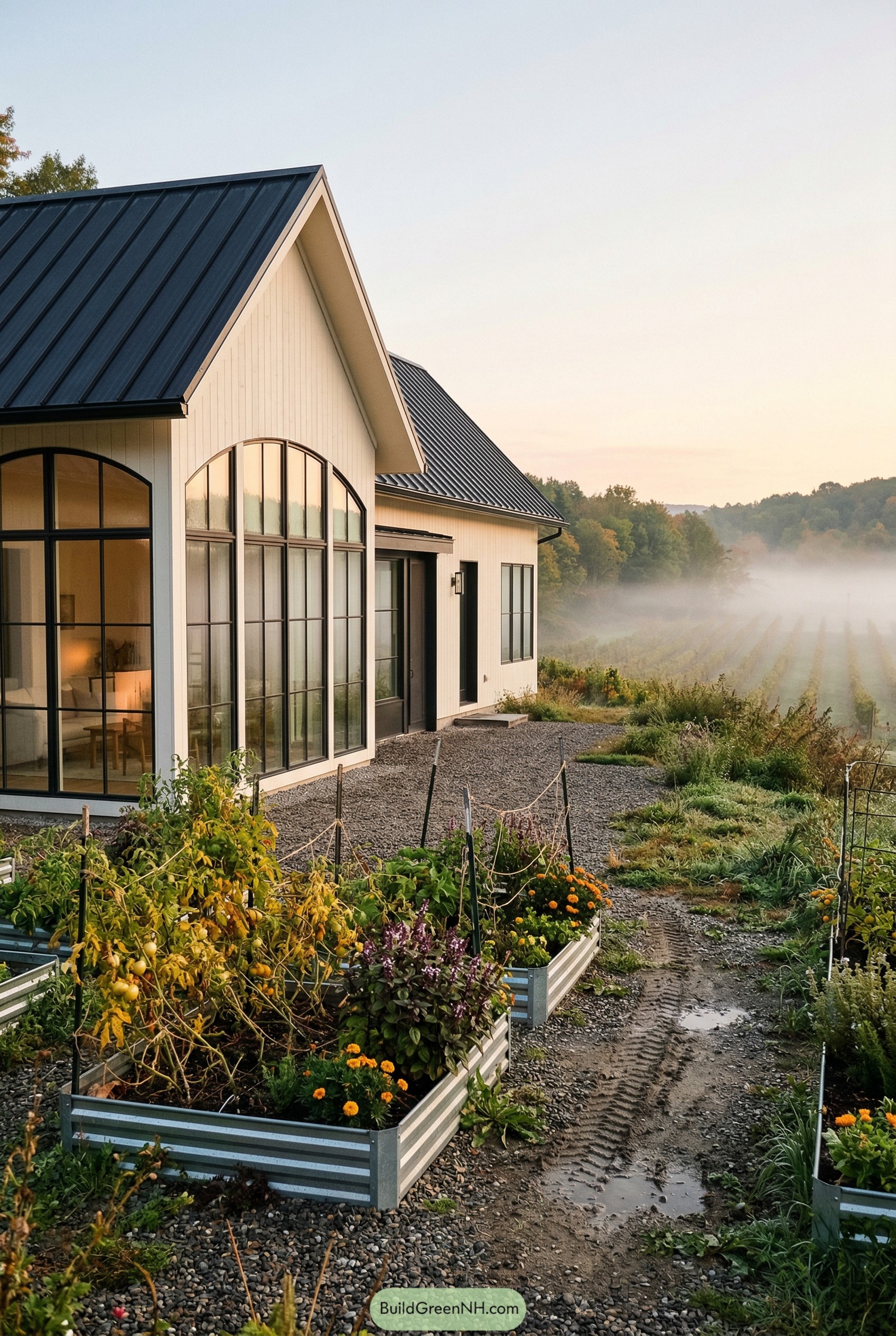White cottage with raised metal garden beds