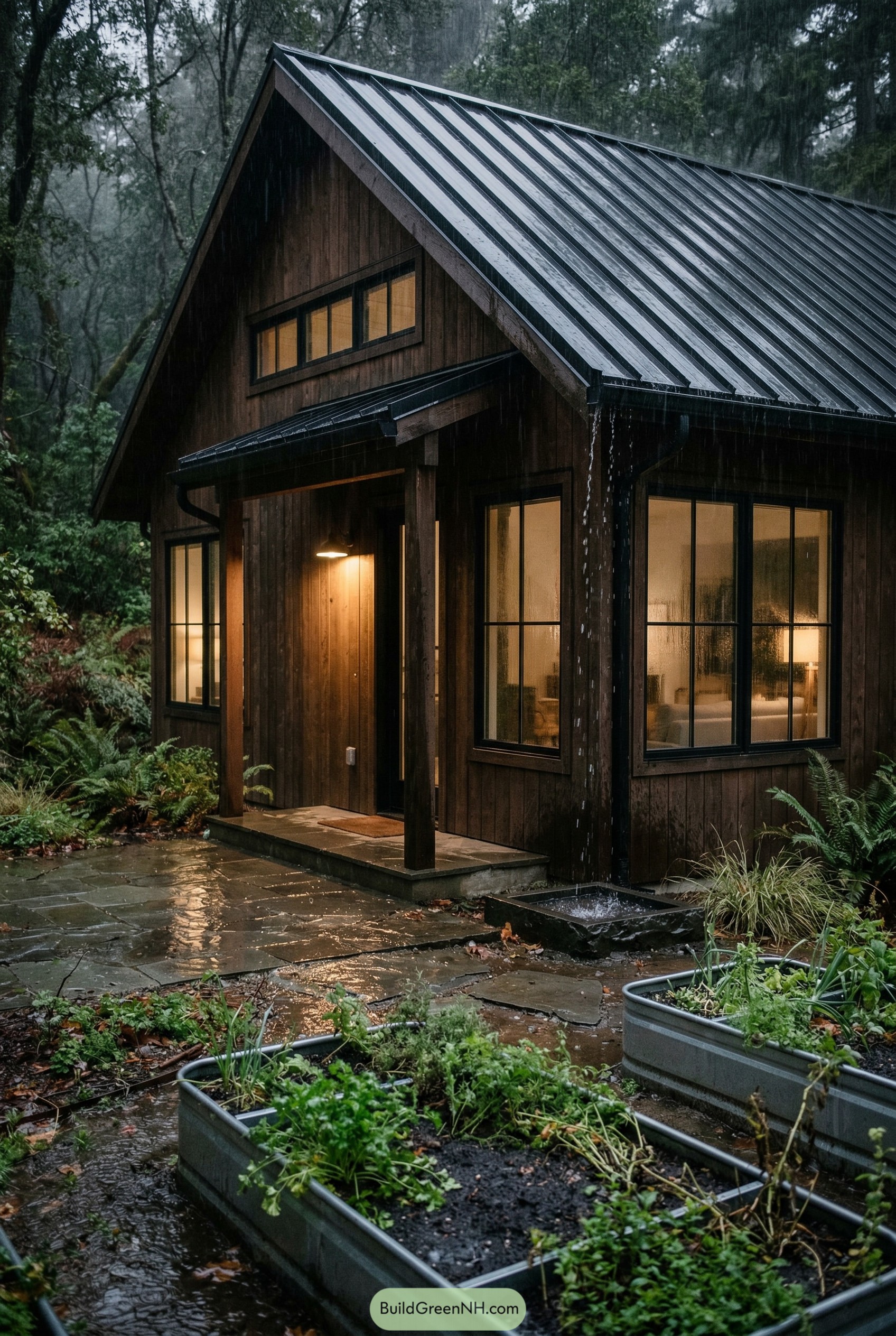 Dark timber cottage with raised metal beds in rain