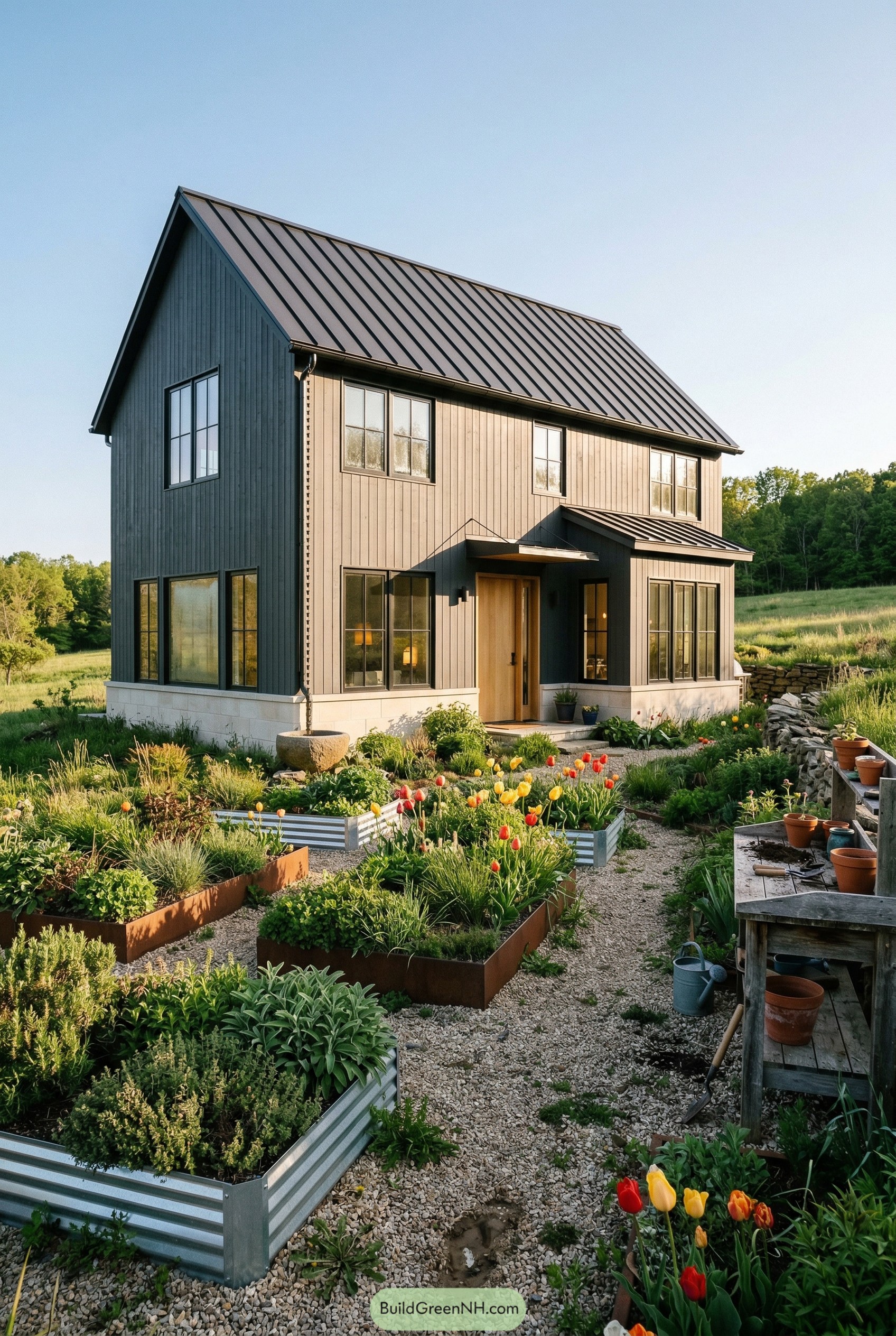 Dark cottage with raised metal beds and gravel paths