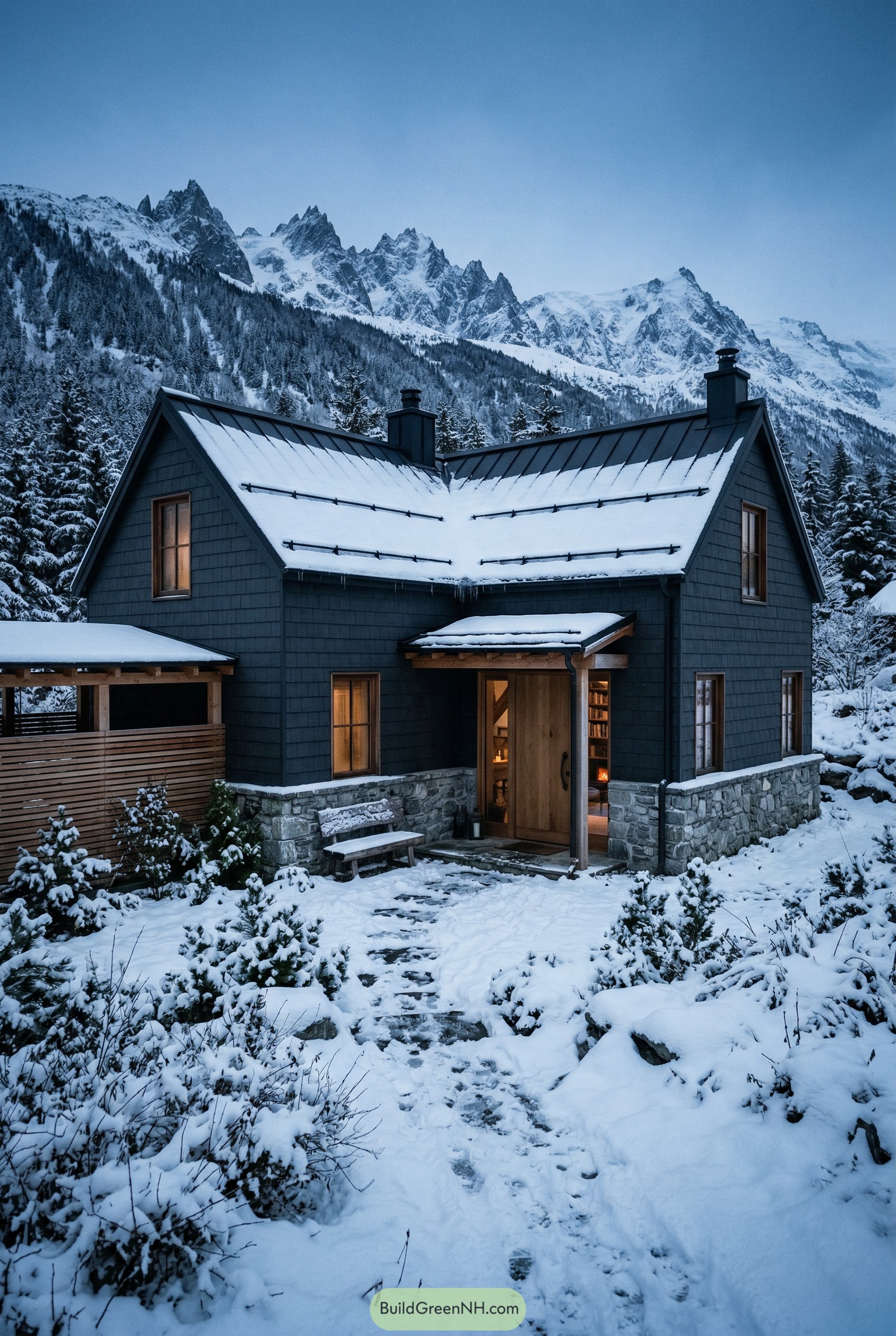 Dark alpine cottage with snowy peaks