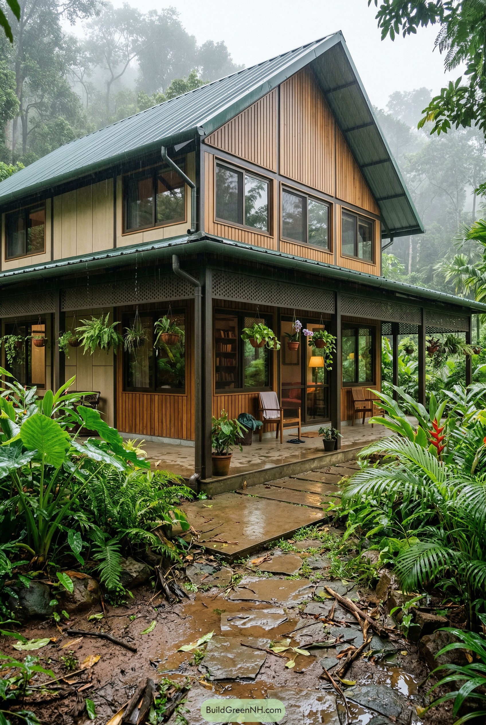 Modern timber cottage with deep porch in rainforest
