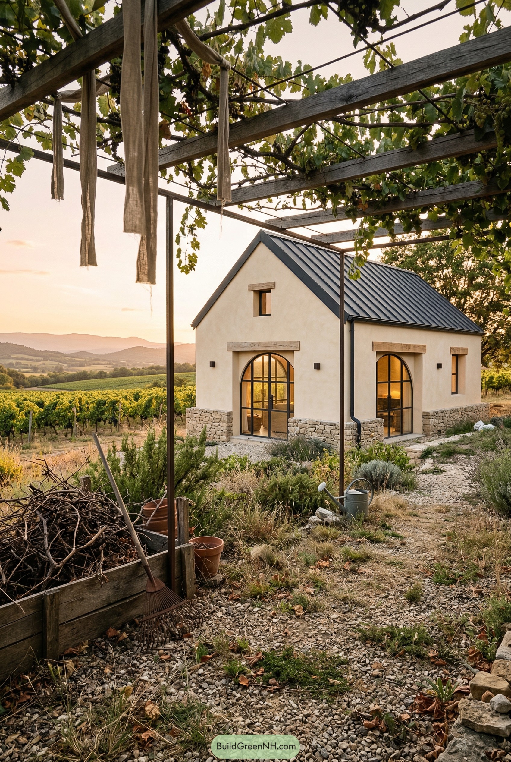 Cream gabled cottage by vineyard beneath grape arbor