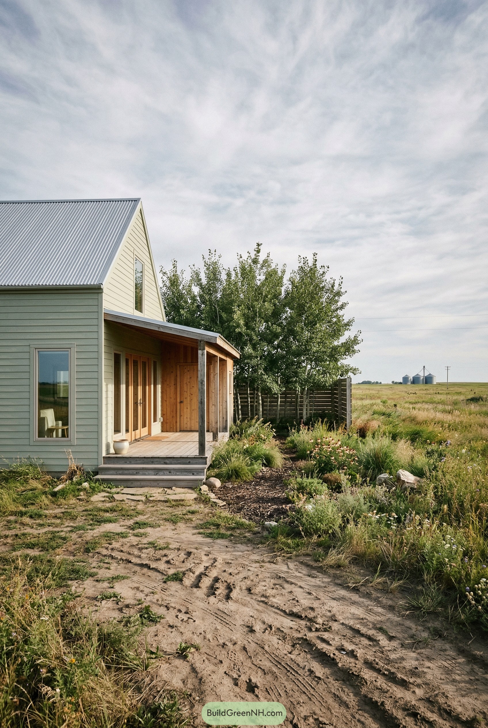 Small sage cottage with covered porch and wild garden