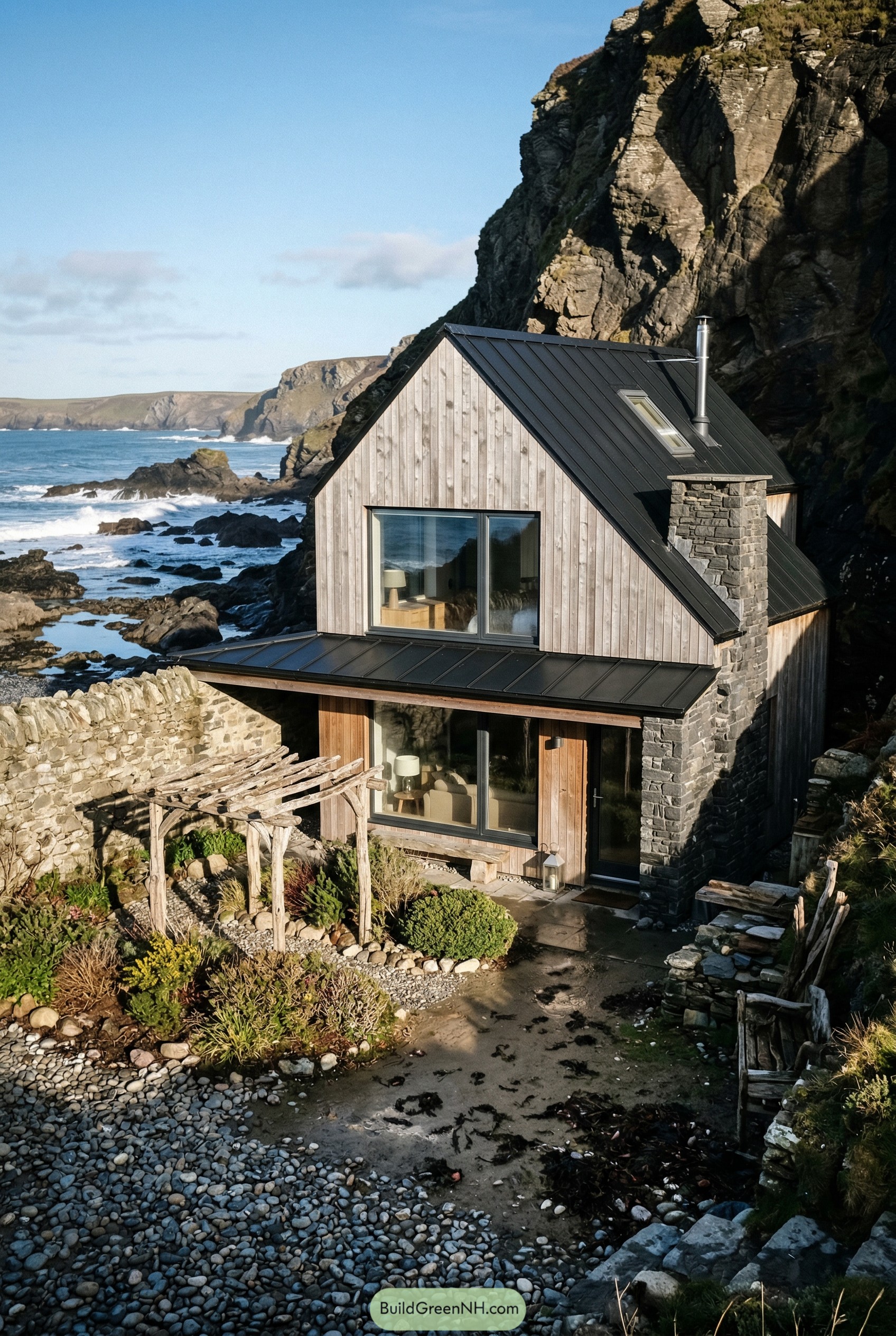 Modern timber cottage on a rocky seaside cliff with stone chimney and pergola garden
