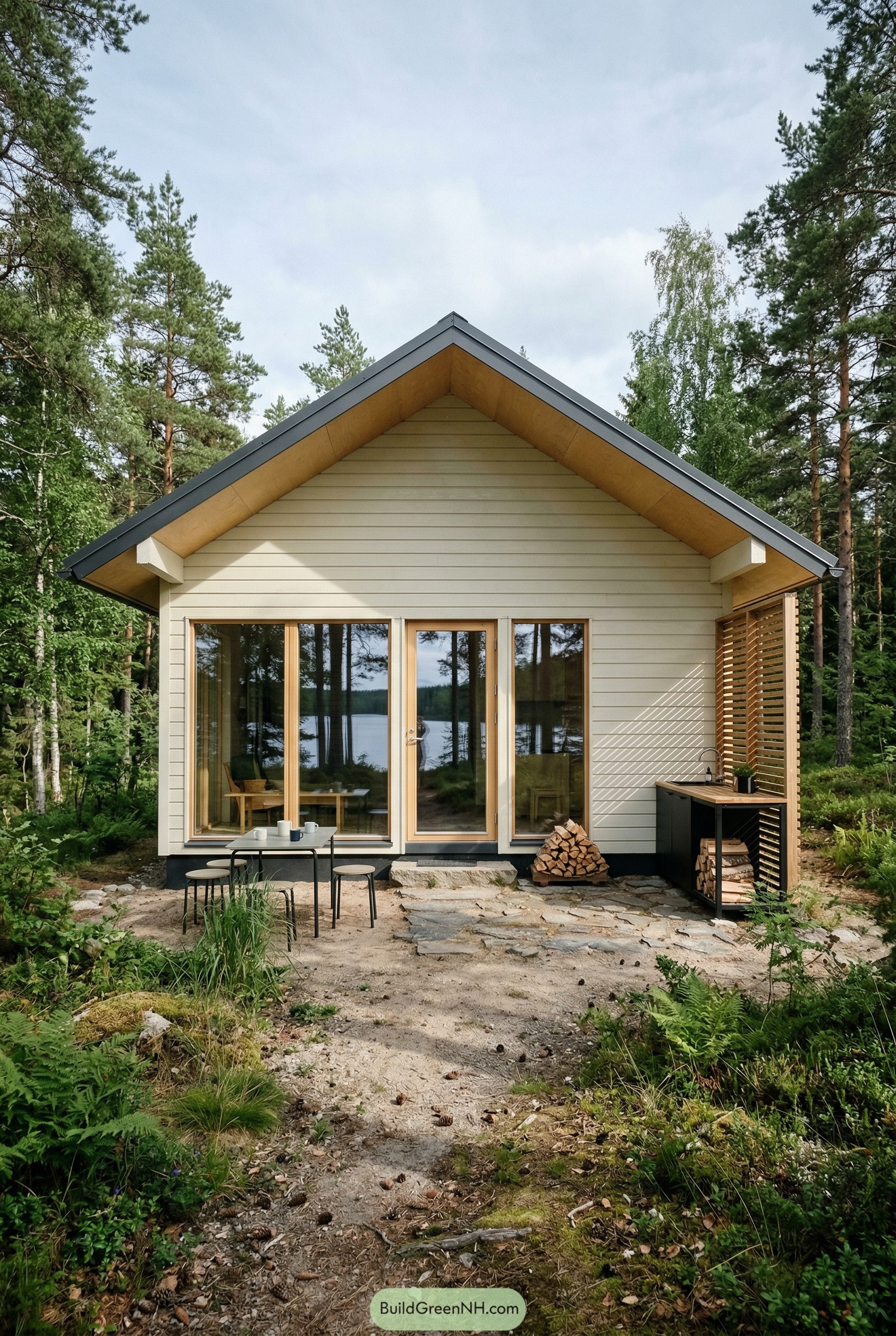 Modern gabled cabin by a forest lake