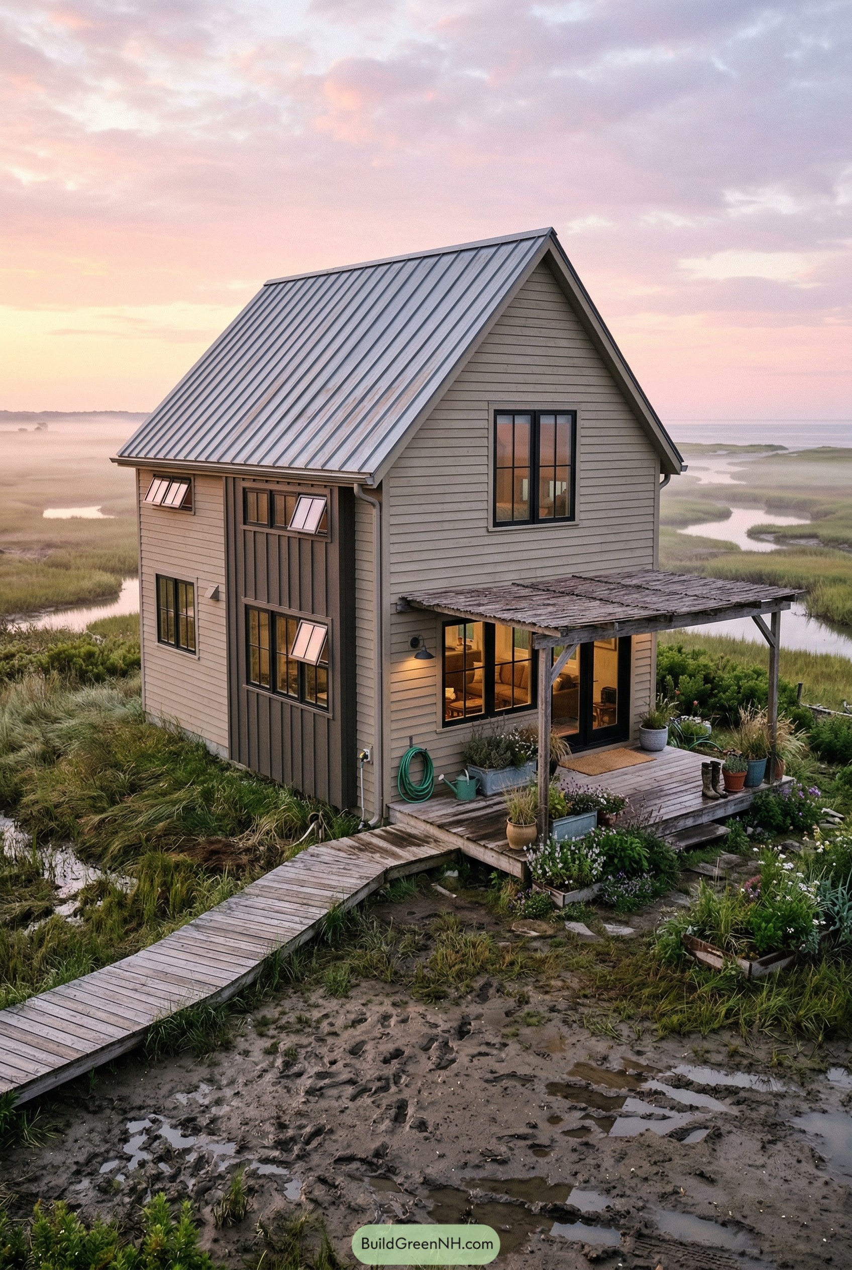 Modern marsh cottage with pergola deck and boardwalk