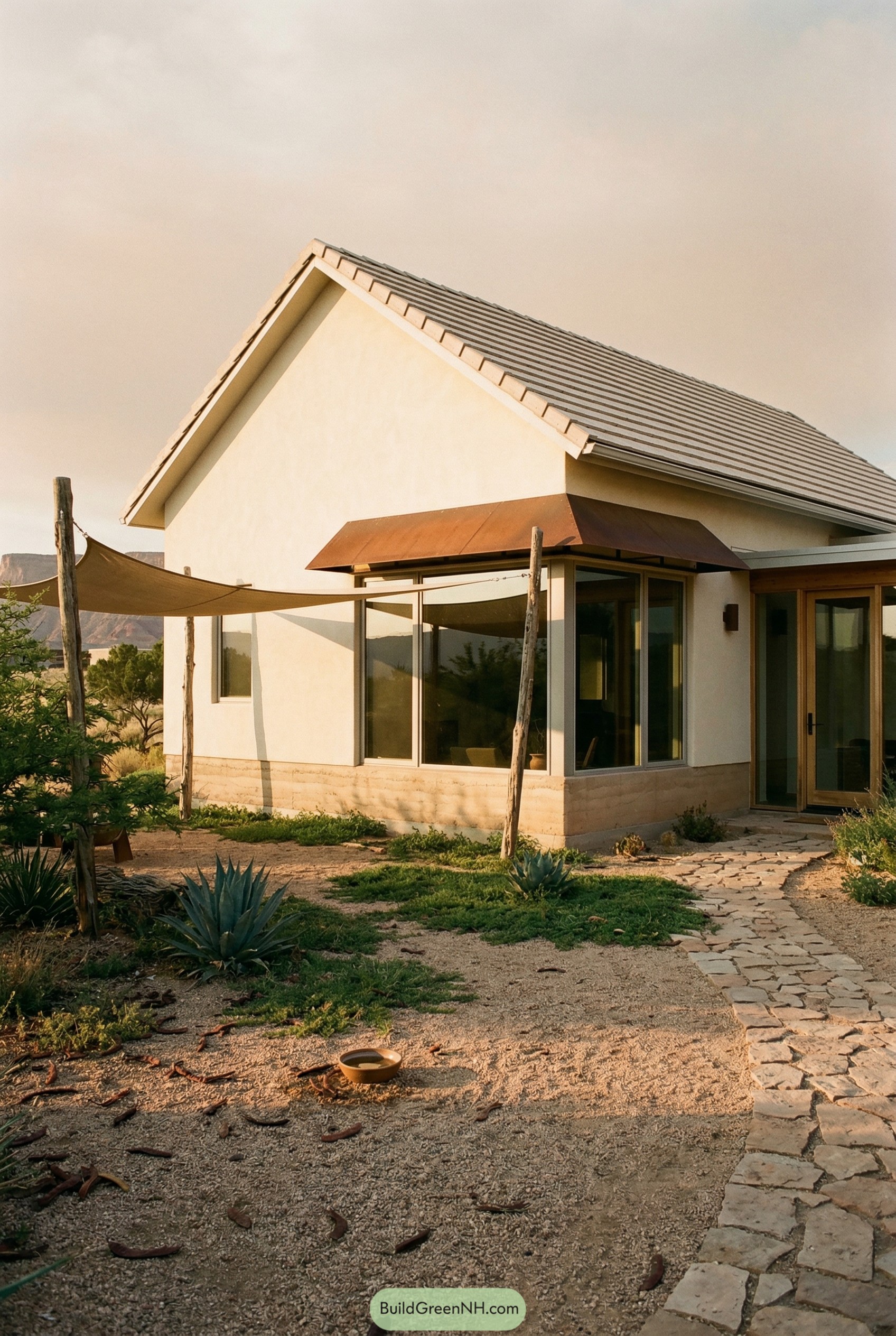 White gabled cottage with shade sail garden