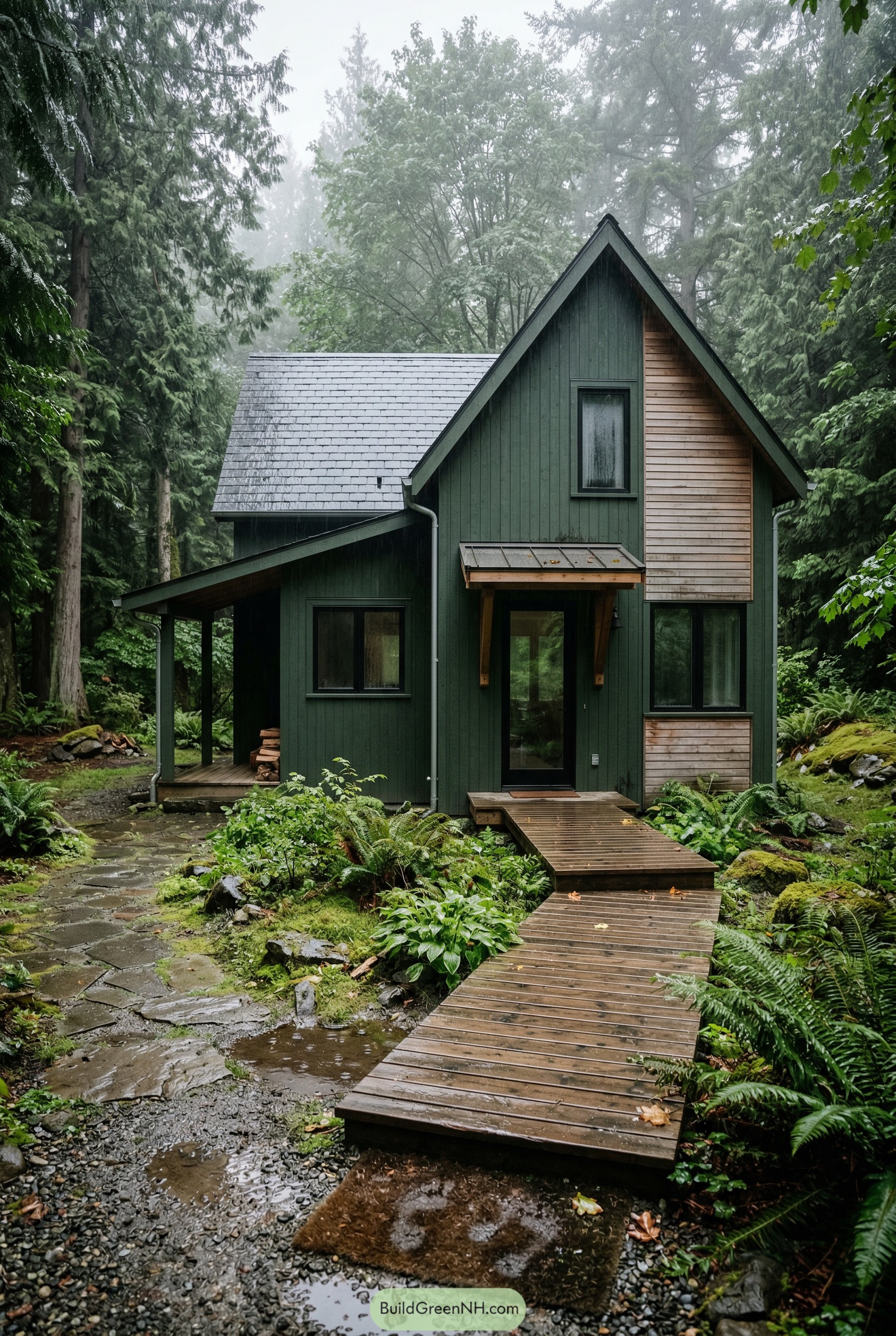 Green modern cottage with boardwalk in a misty forest garden