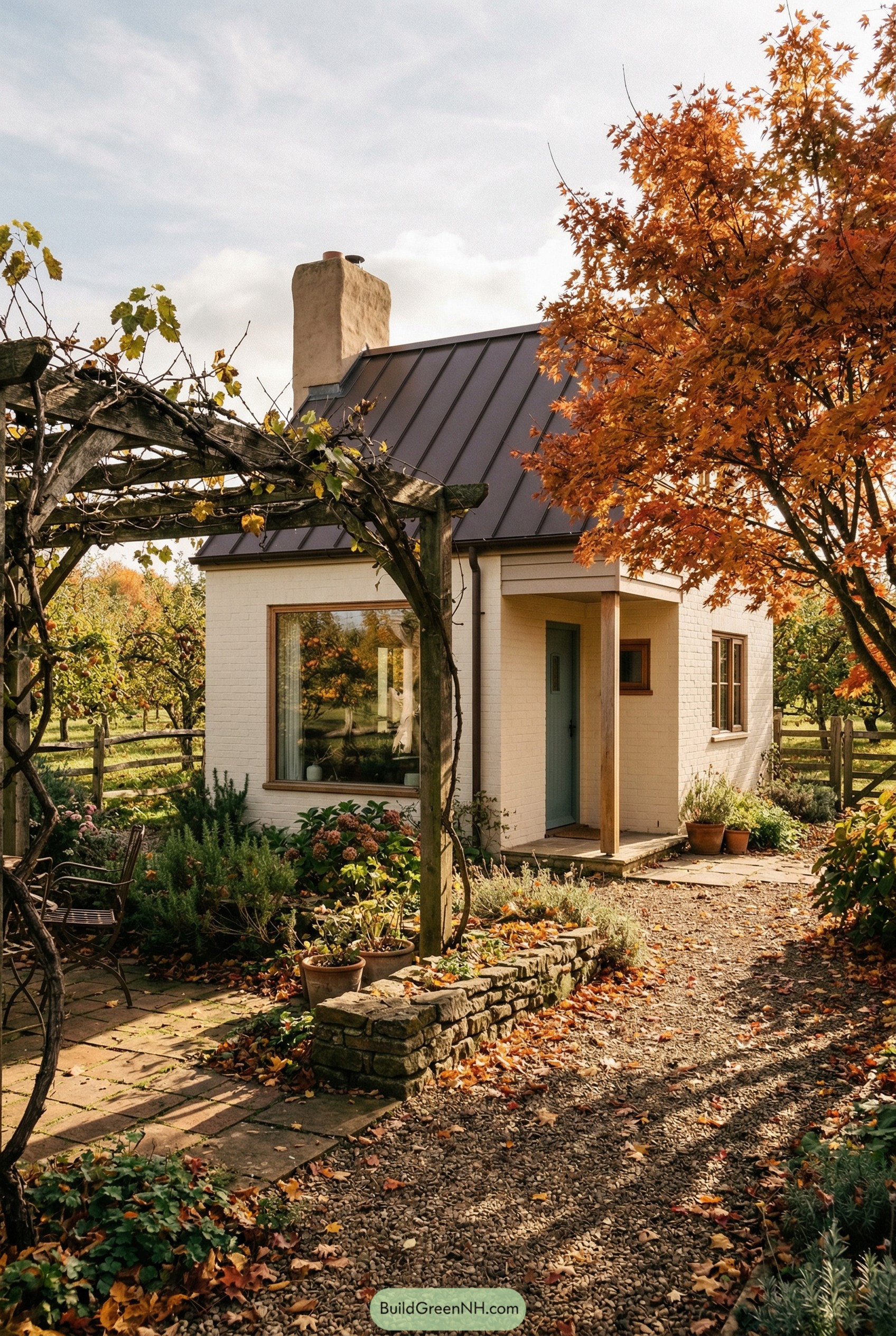 White brick cottage with metal roof and pergola garden