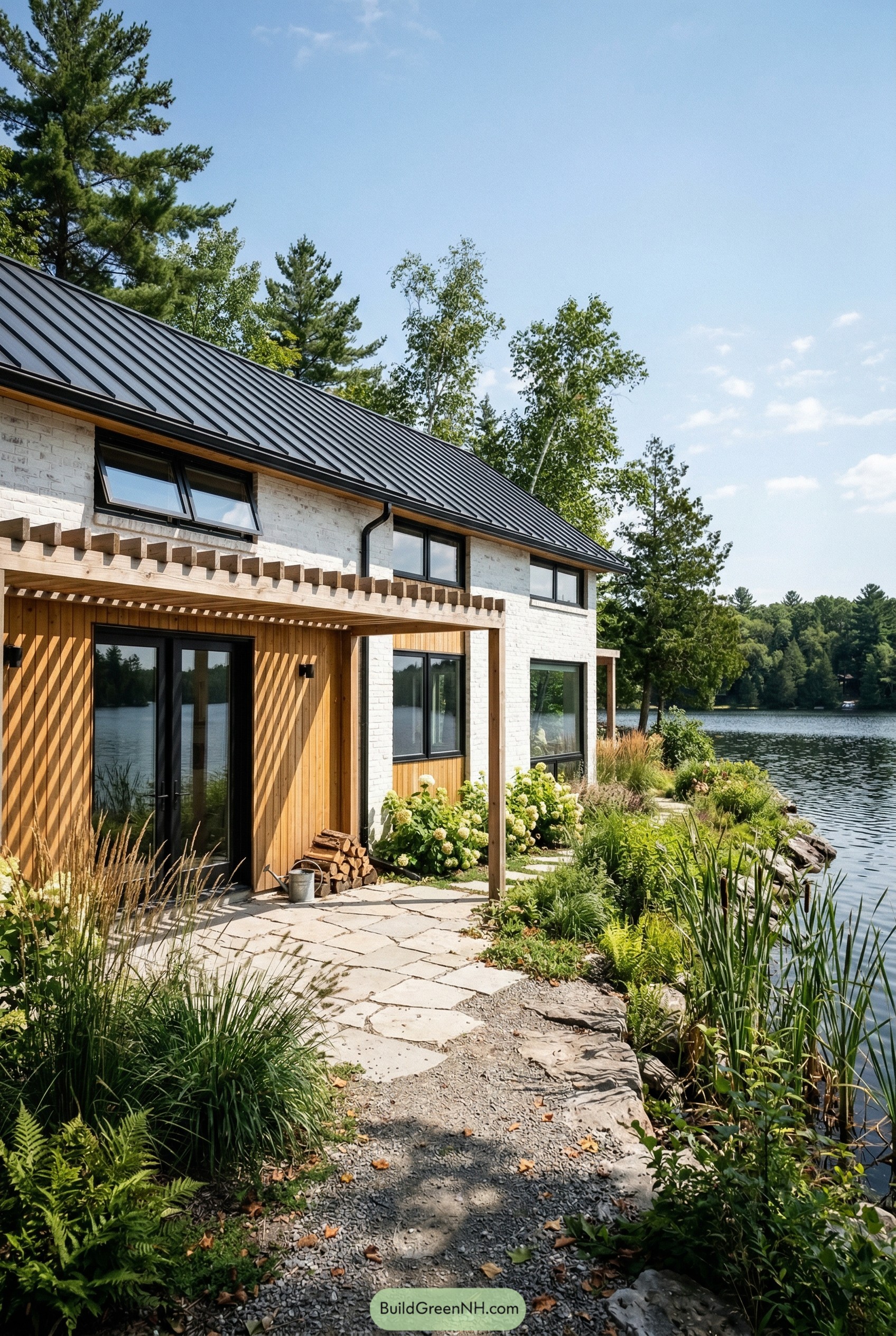 White brick lakeside cottage with wood pergola