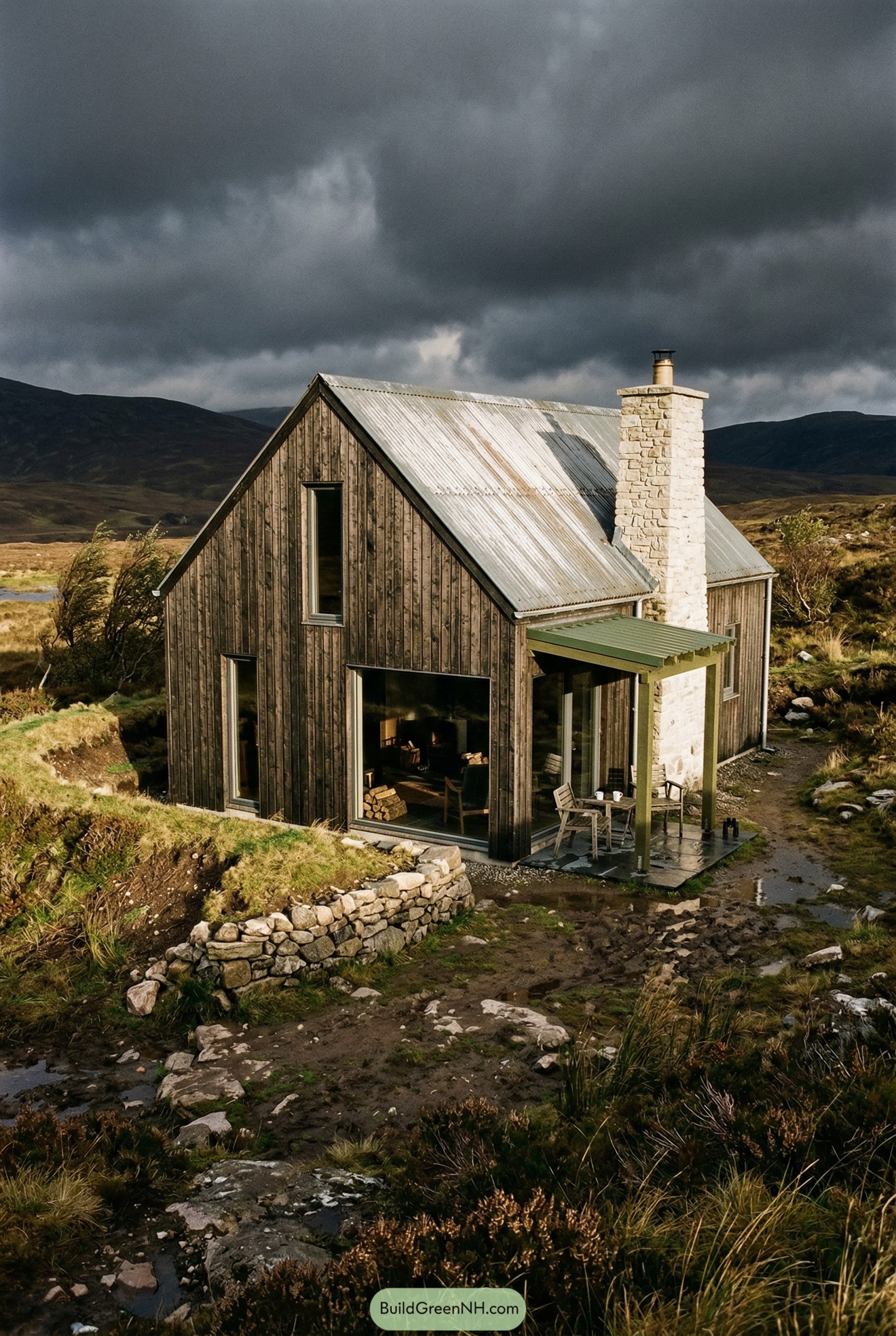 Dark timber cottage with metal roof and stone chimney on open moorland