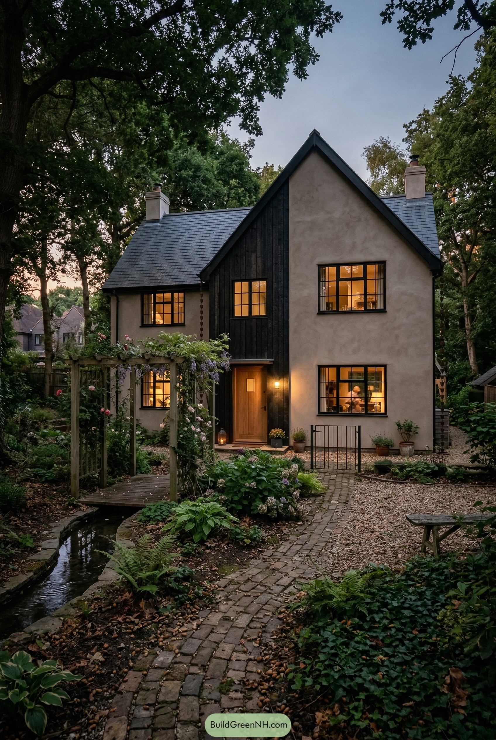 Modern stucco cottage in a shaded garden