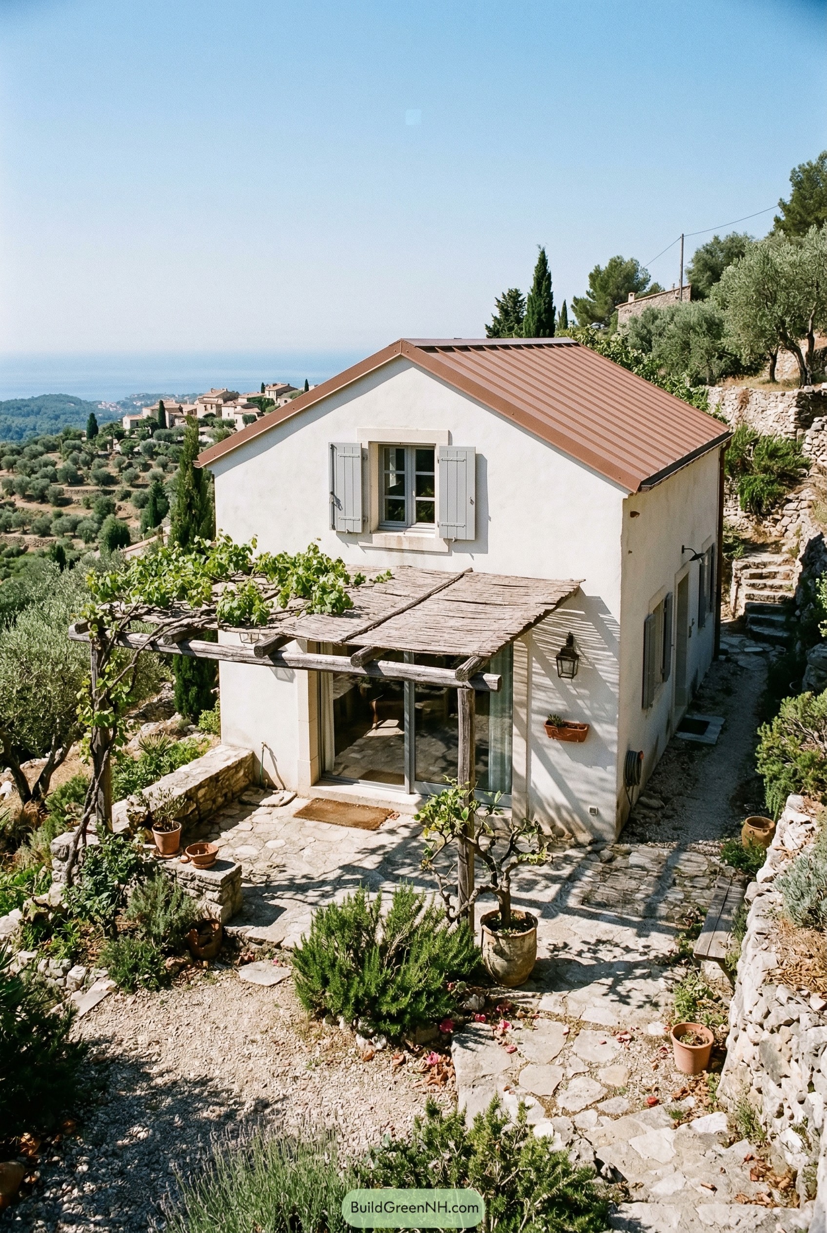 White hillside cottage with vine covered trellis